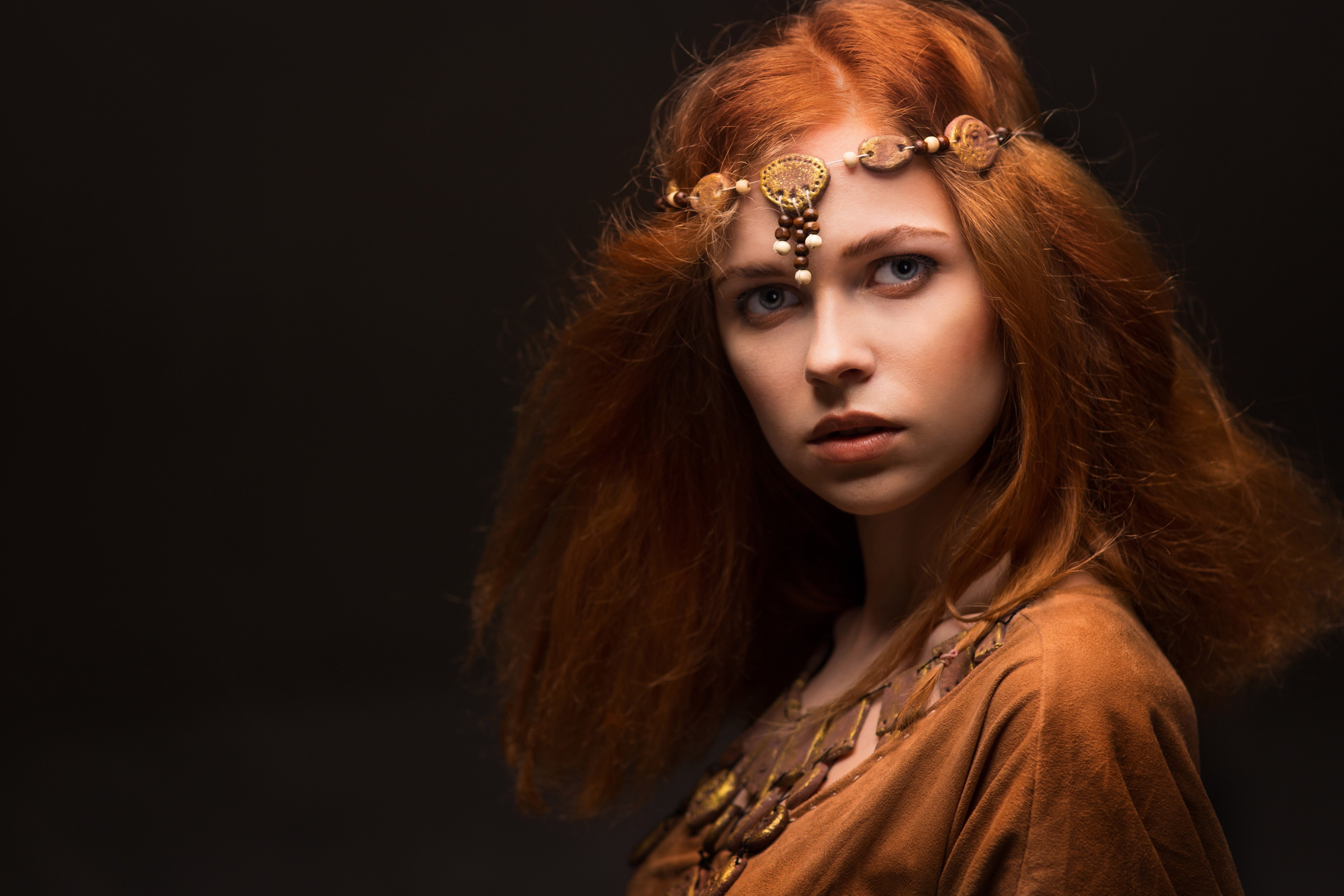 5K, necklace, young adult, gold, long hair, young women, colored, ammunition equipment, hair, decoration, one person, beautiful woman, redhead, HD Wallpaper