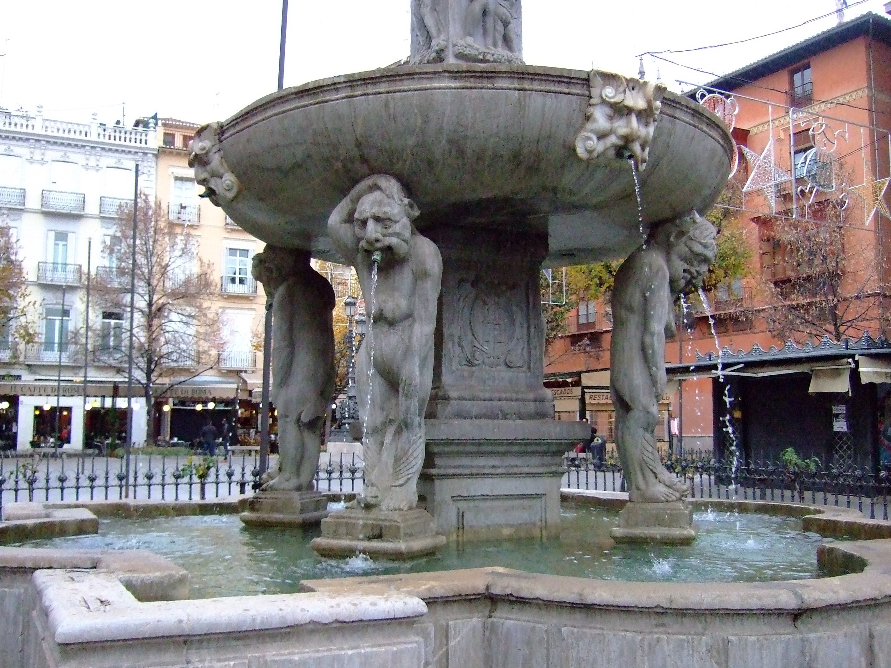 travel destinations, plaza, fountain, andalusia, building exterior, spain, bib rambla, human representation, granada, no people, 2K, art and craft, male likeness, HD Wallpaper