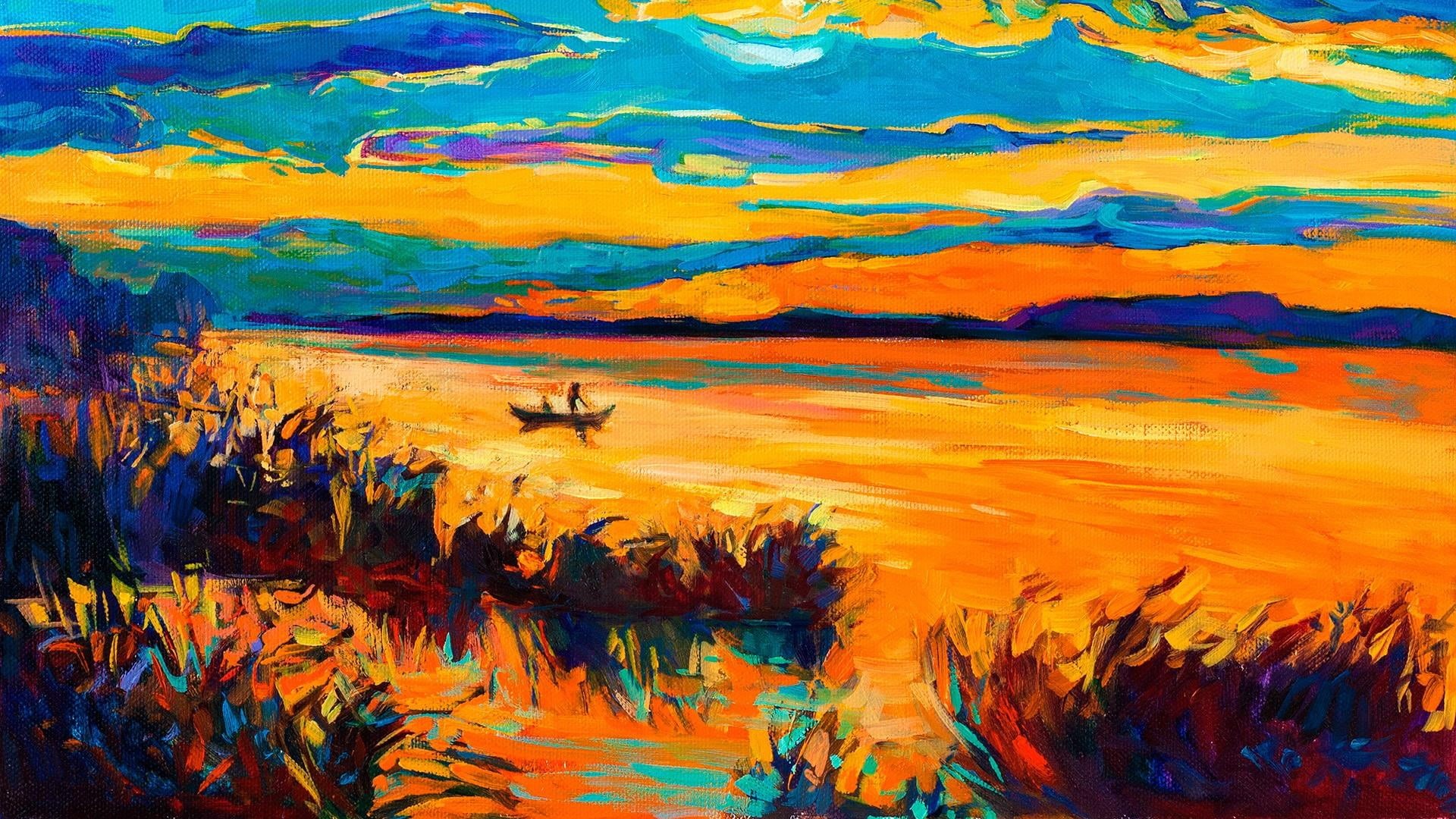 animals in the wild, modern art, orange color, rock, boat, scenics - nature, art, animal themes, non-urban scene, no people, painting art, outdoors, painting, HD Wallpaper