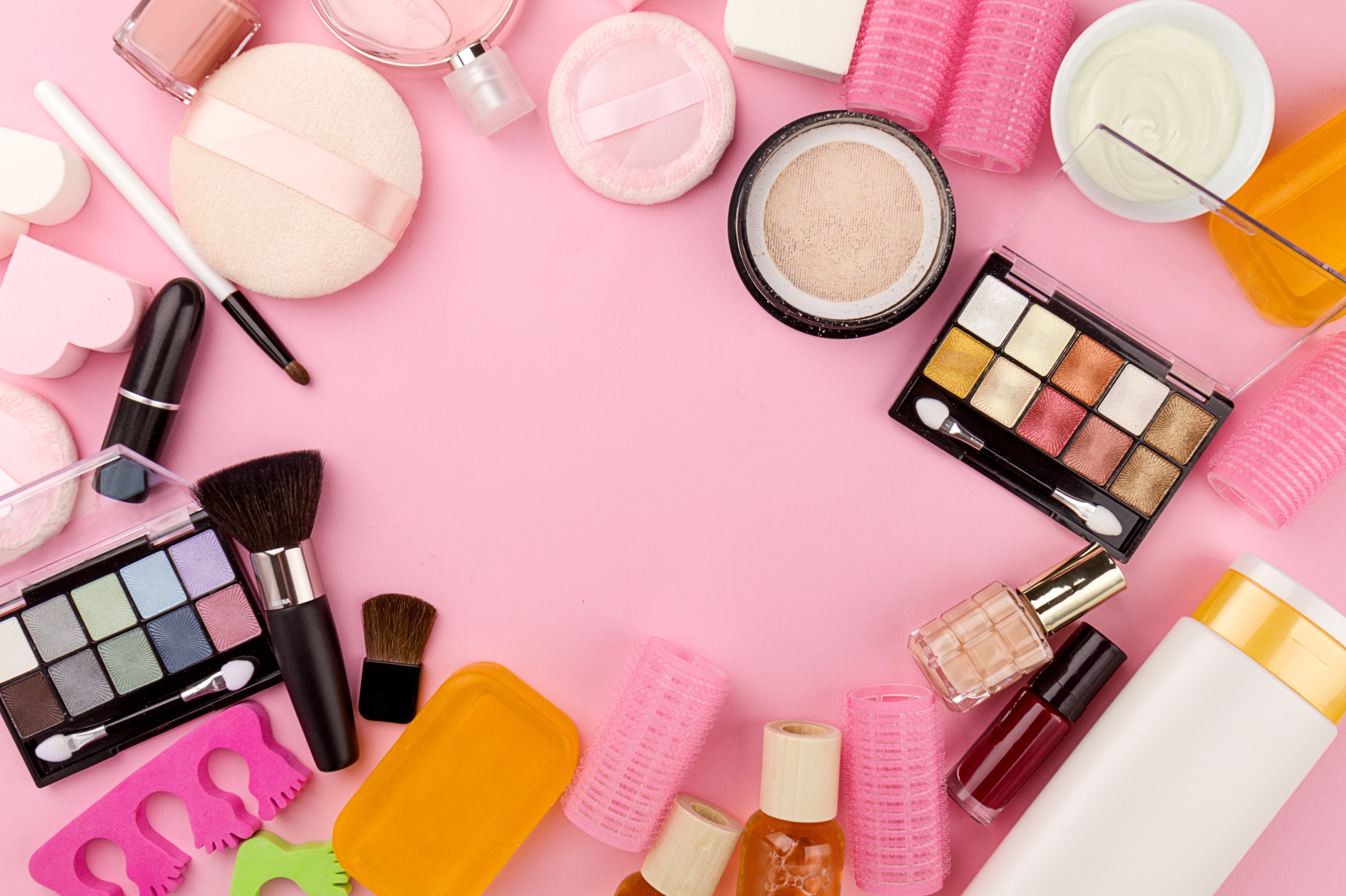 cream, directly above, fashion, brush, still life, shadows, high angle view, studio shot, lipstick, assorted, powder, eyeshadow, make-up brush, pink color, HD Wallpaper