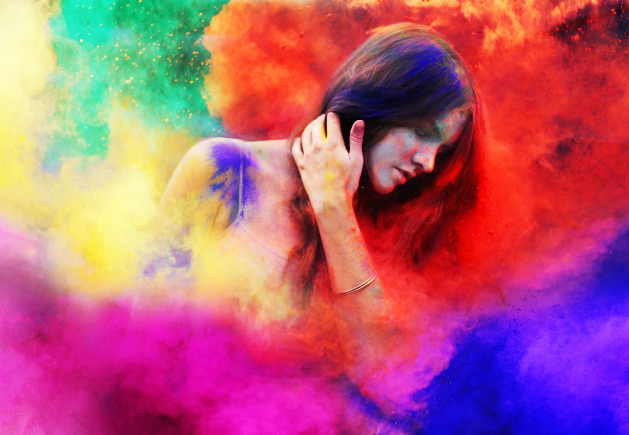 1080P, dust, holi festival, festivals, closed eyes, colorful, women, HD Wallpaper