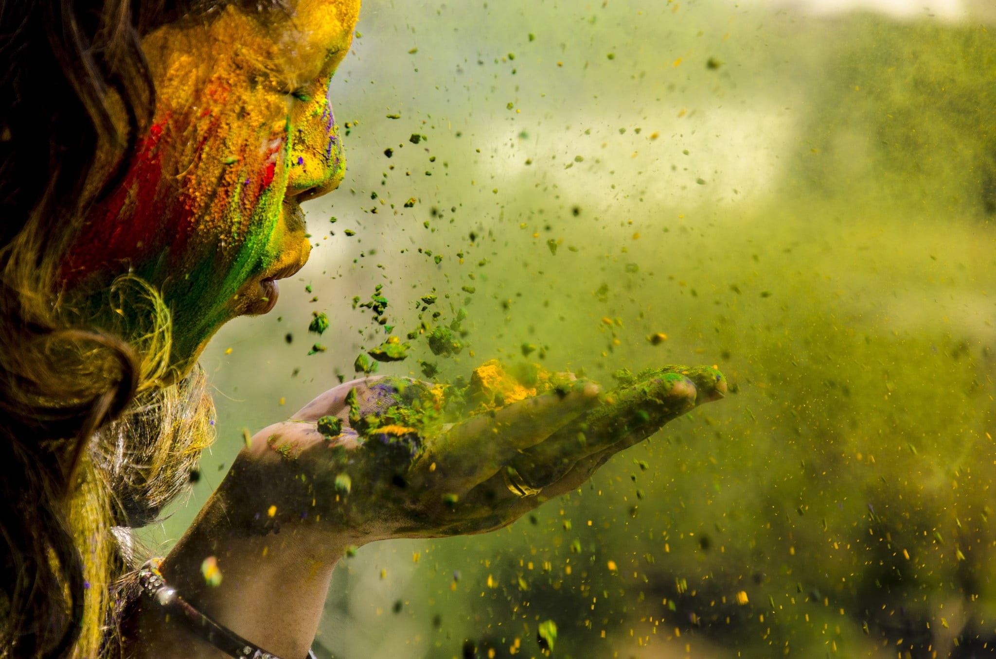 1080P, real people, one person, holi, focus on foreground, human body part, women, close-up, outdoors, closed eyes, Happy Holi, day, lifestyles, colorful, HD Wallpaper