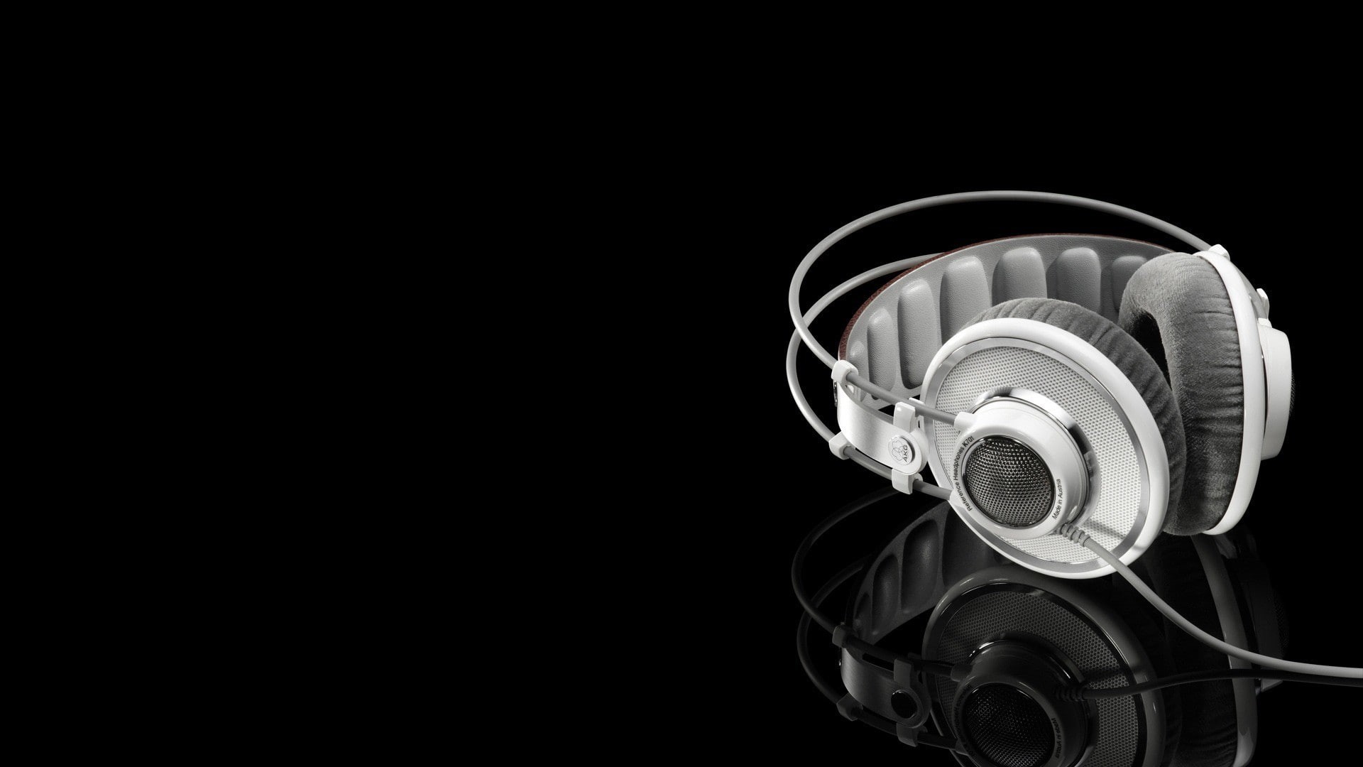 minimalism, technology, 1080P, white, AKG, headphones, music, black, black background, monochrome, reflection, HD Wallpaper