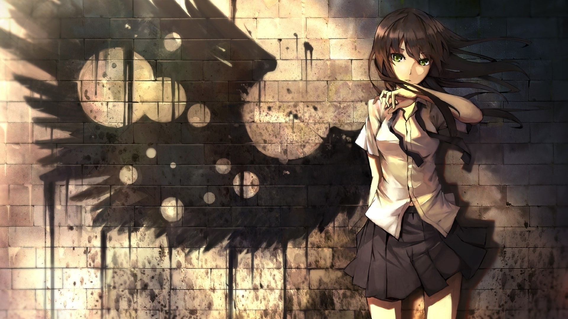 women, wall, digital composite, real people, 1080P, anime girls, brick, fashion, clothing, leisure activity, casual clothing, dark, hairstyle, day, beautiful woman, HD Wallpaper
