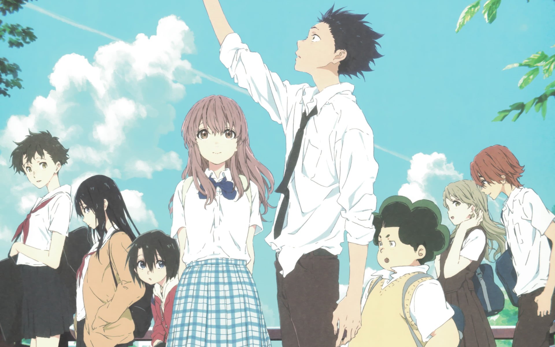 Yuzuru Nishimiya, Anime, leisure activity, people, sunlight, women, Satoshi Mashiba, real people, cloud - sky, group of people, human representation, art and craft, HD Wallpaper