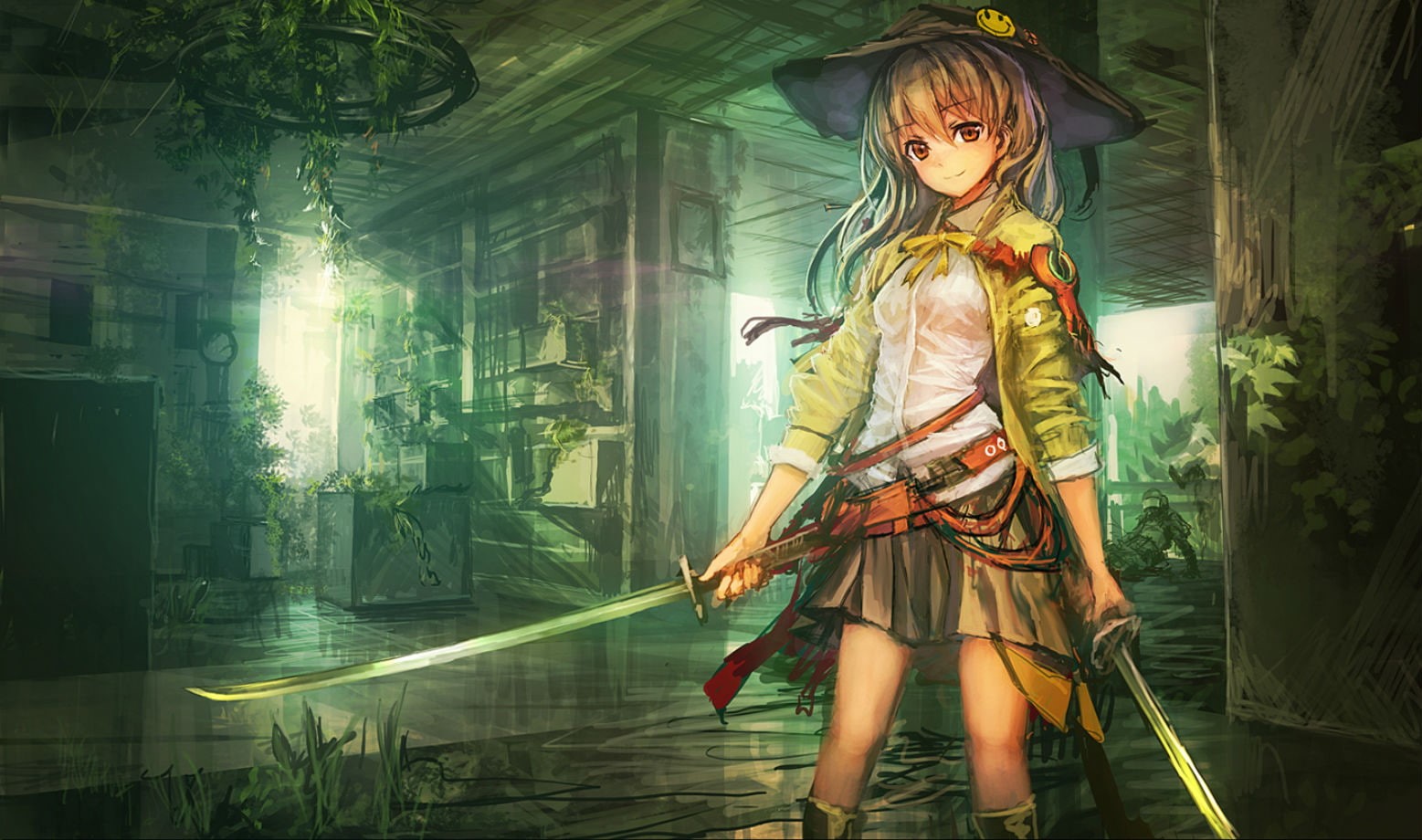 hat, sword, kawai, weapon, original, anime, 720P, girl, cool, cute, HD Wallpaper