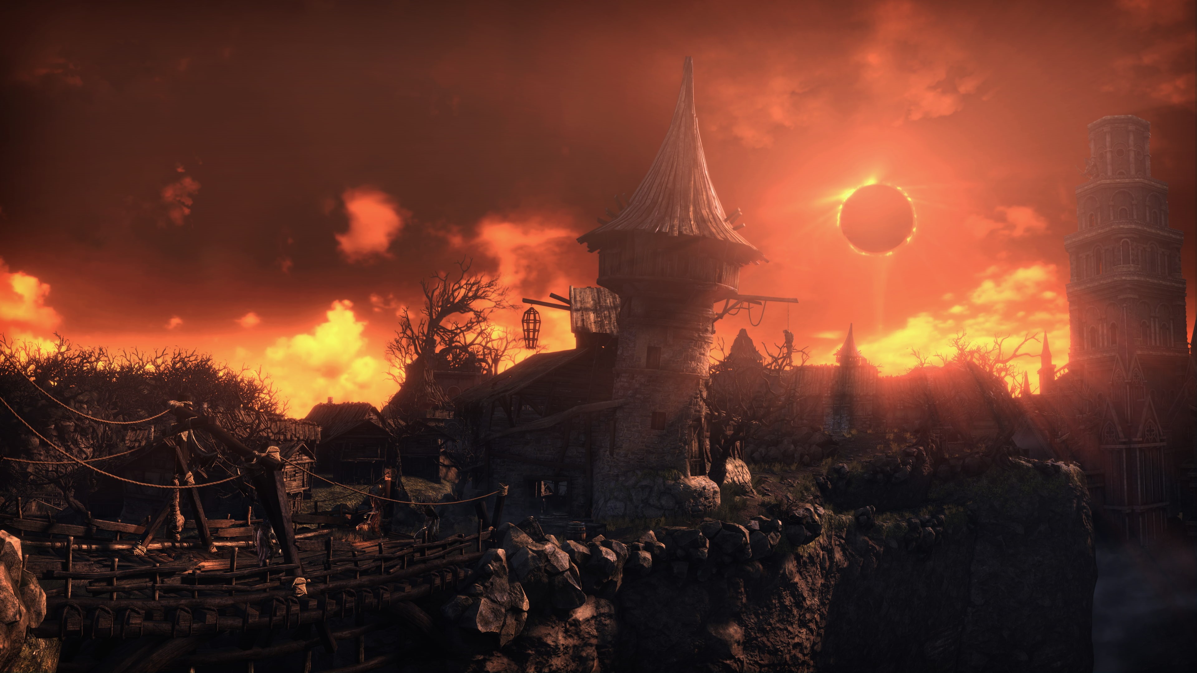 cloud - sky, no people, plant, night, air pollution, smoke - physical structure, Undead Settlement, building exterior, Dark Souls III, history, travel destinations, HD Wallpaper