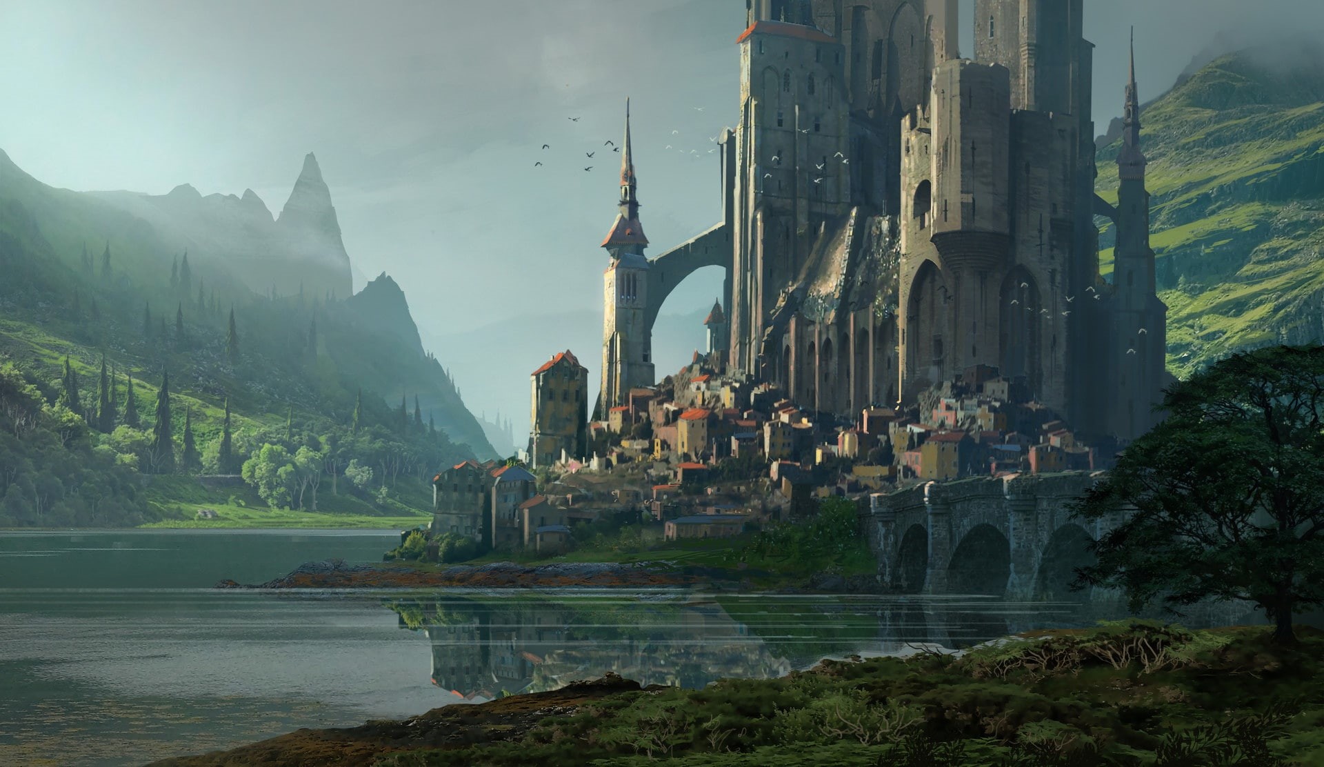 pond, castle, Raphael Lacoste, settlement, 1080P, KvasIr Fortress, mountains, HD Wallpaper