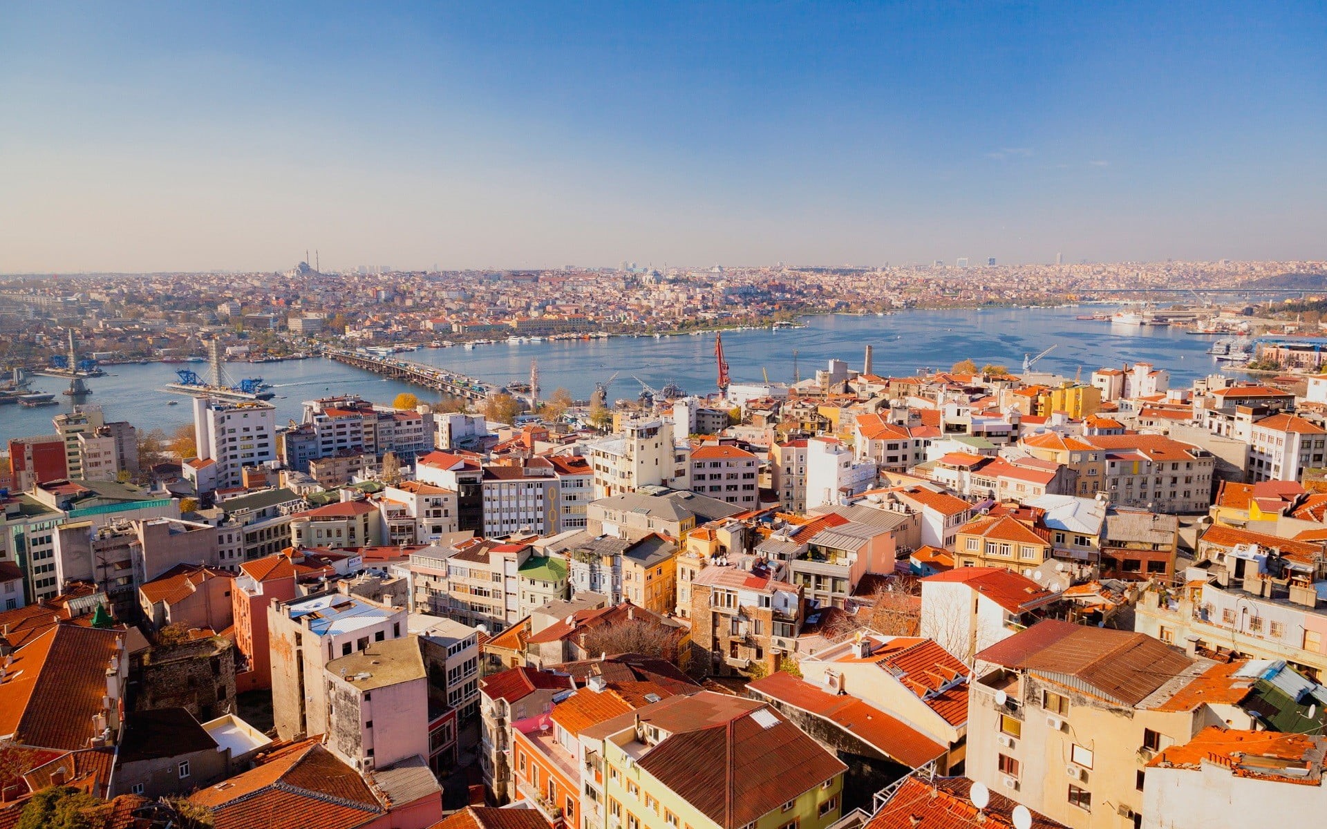 bridge, sky, 1080P, painting, settlement, walking, nature, outdoors, residential district, cityscape, people, architecture, Istanbul, galata, Turkey, building, HD Wallpaper