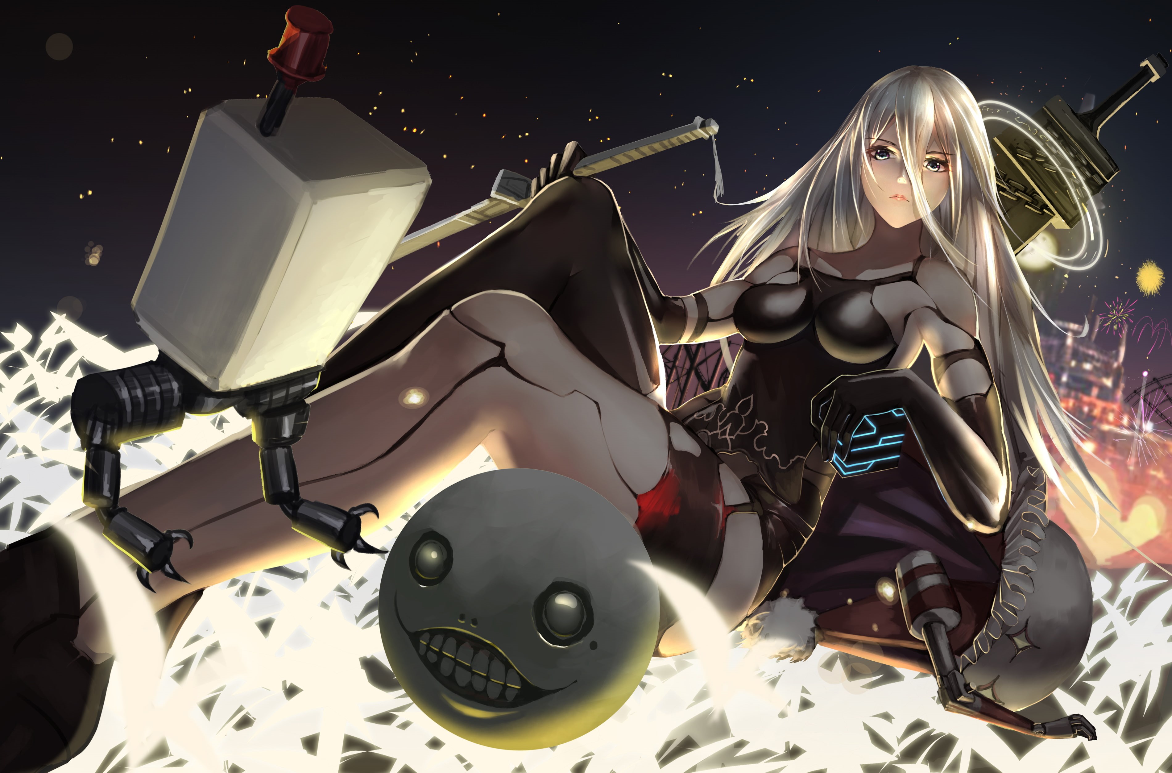 gloves, black gloves, shorts, Nier: Automata, 2K, tank top, elbow gloves, A2 (Nier: Automata), building, camisole, sword, katana, sky, sitting, eyebrows, HD Wallpaper