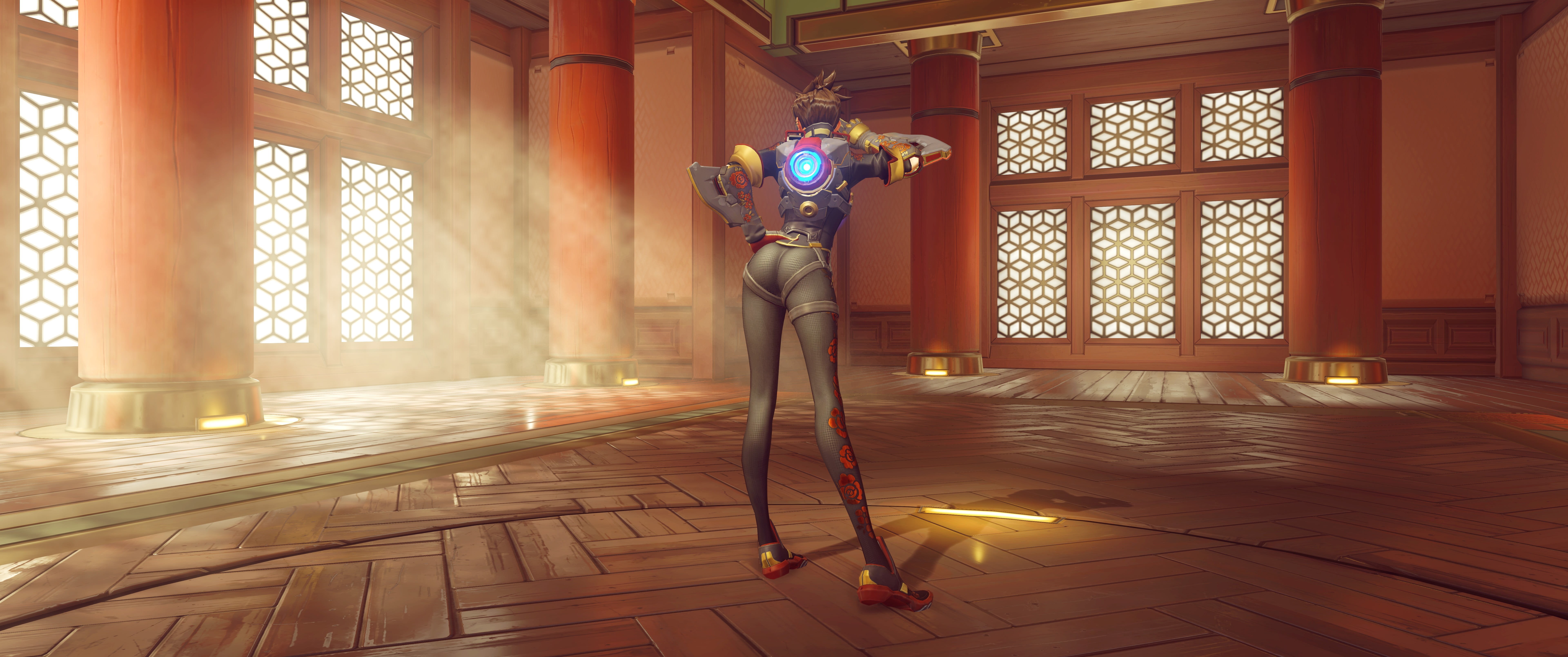 character, female, chinese new year, creativity, casual clothing, skill, one person, standing, anime, Tracer (Overwatch), screenshot, full length, flooring, HD Wallpaper