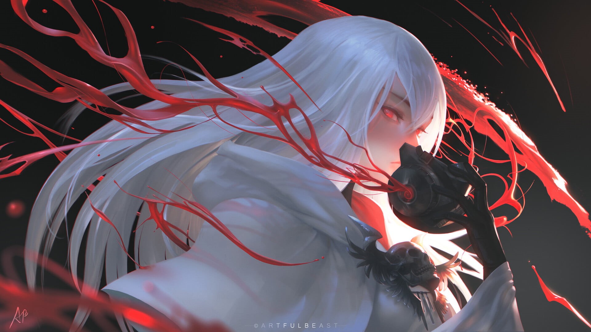 red eyes, long hair, Paul Nong, mask, 1080P, anime, anime girls, HD Wallpaper