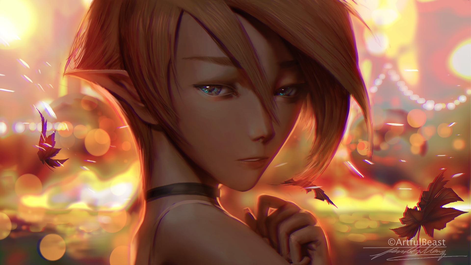 necklace, illustration, painting, blonde, lights, bokeh, drawing, artwork, fantasy girl, portrait, original characters, women, 1080P, leaves, elves, 2D, HD Wallpaper