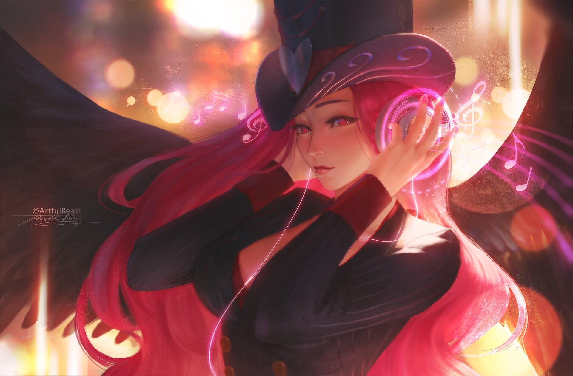 women with hats, music, wings, looking at viewer, artwork, black dress, Black wings, pink hair, digital art, drawing, Paul Nong, headphones, women, hat, HD Wallpaper