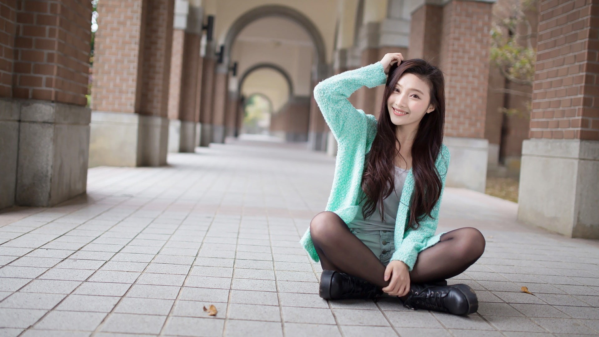 smiling, model, urban, sitting, 1080P, photography, women outdoors, women, Asian, long hair, legs crossed, arms up, looking at viewer, HD Wallpaper