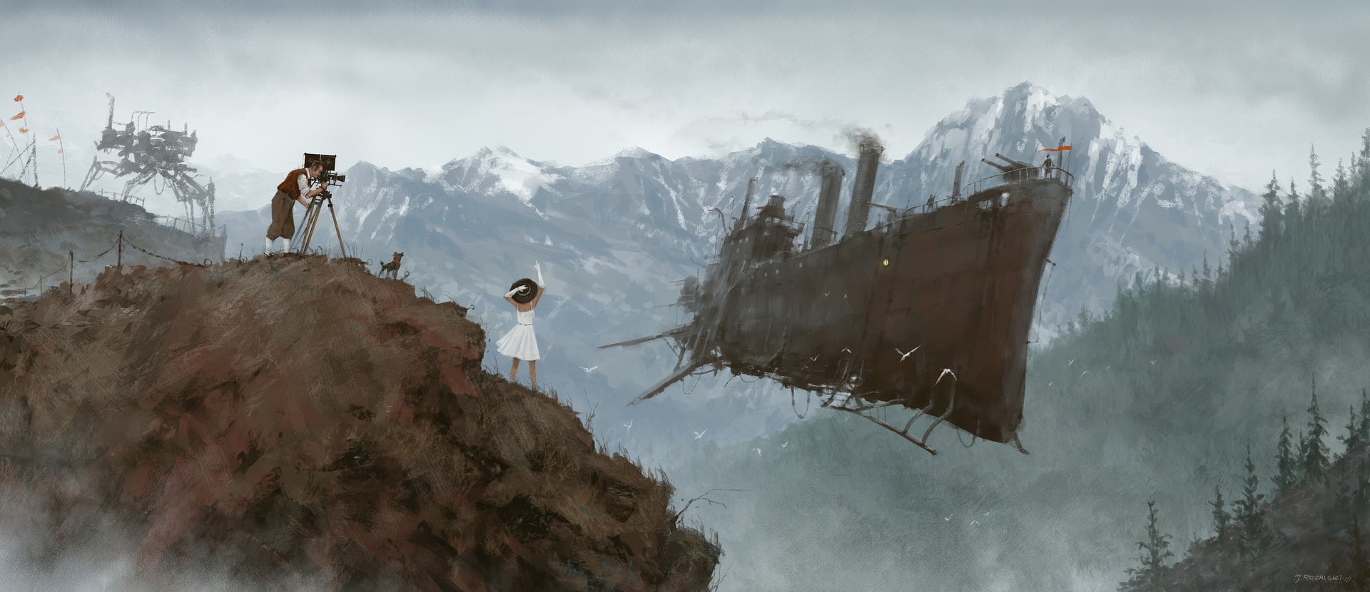 landscape, fantasy Art, painting, illustration, women, Fan Art, digital art, ship, Jakub Różalski, artwork, mountains, 1080P, HD Wallpaper