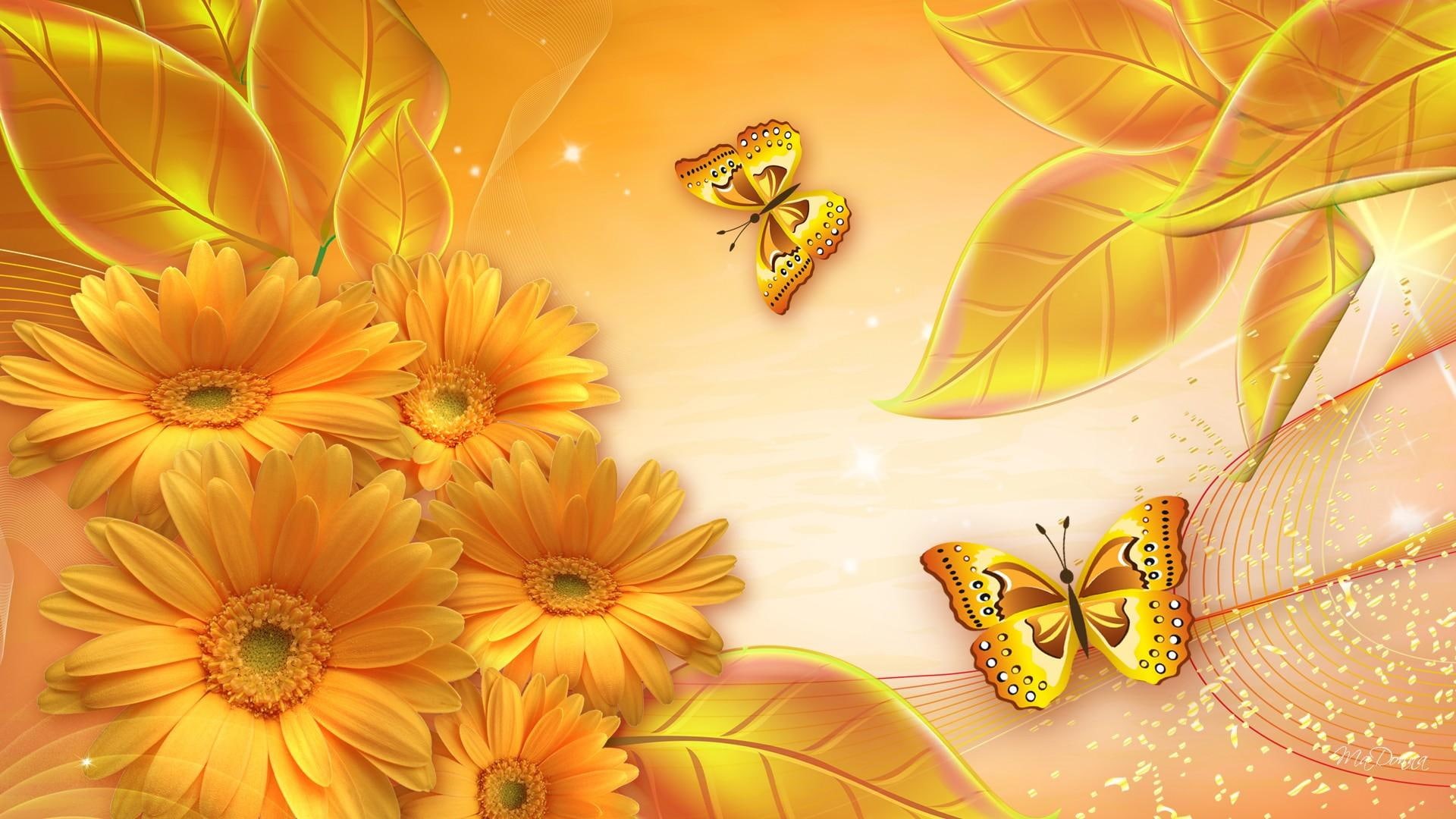 butterfly, oh, sprinkles, shasta, bright, flowers, fleurs, 1080P, glitter, gold, papillon, yellow, leaves, sparkles, HD Wallpaper