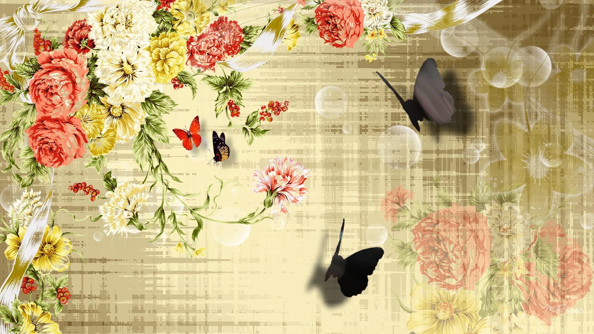 vines, fleurs, papillon, 1080P, flowers, roses, butterfly, old fas, ribbons, butterflies, bubbles, shadow, orange, gold, vintage, HD Wallpaper