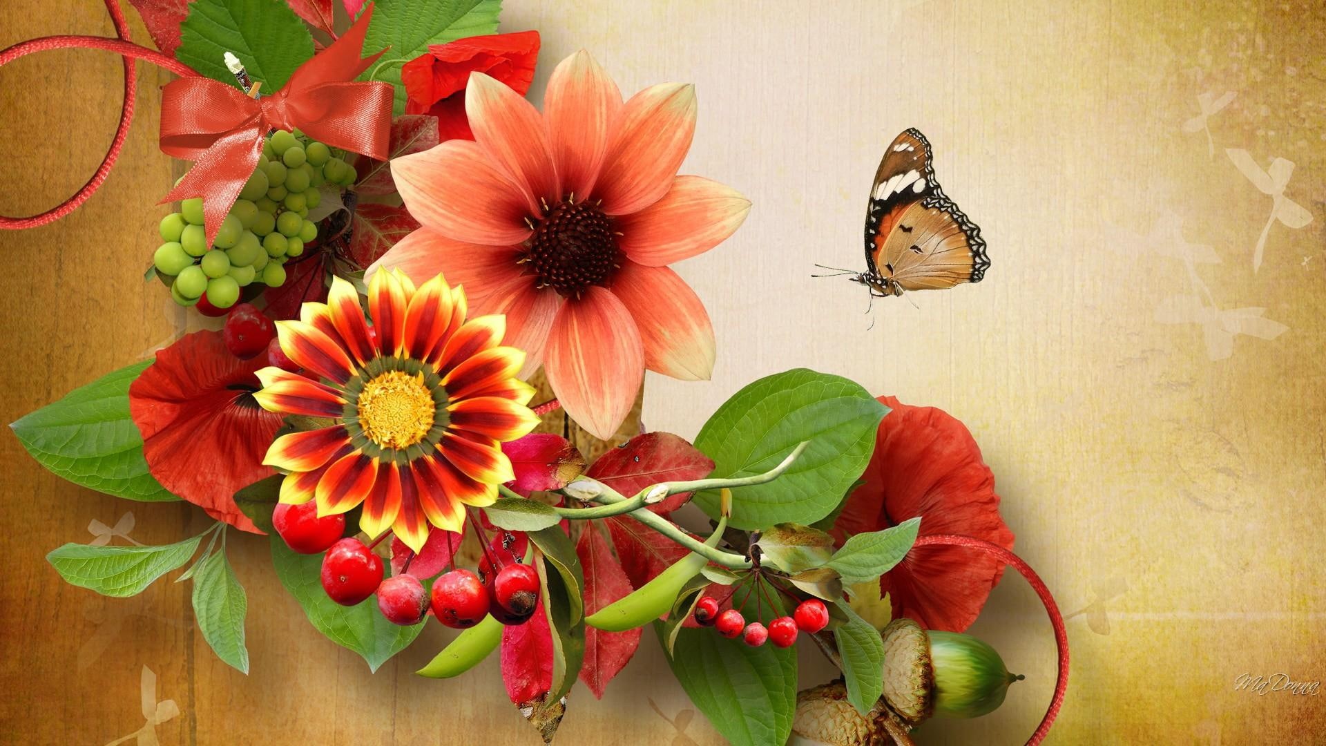 floral, autumn, decor, flowers, bright, green, butterflies, leaves, fall, light, summer, red, ribbon, pink, 1080P, HD Wallpaper