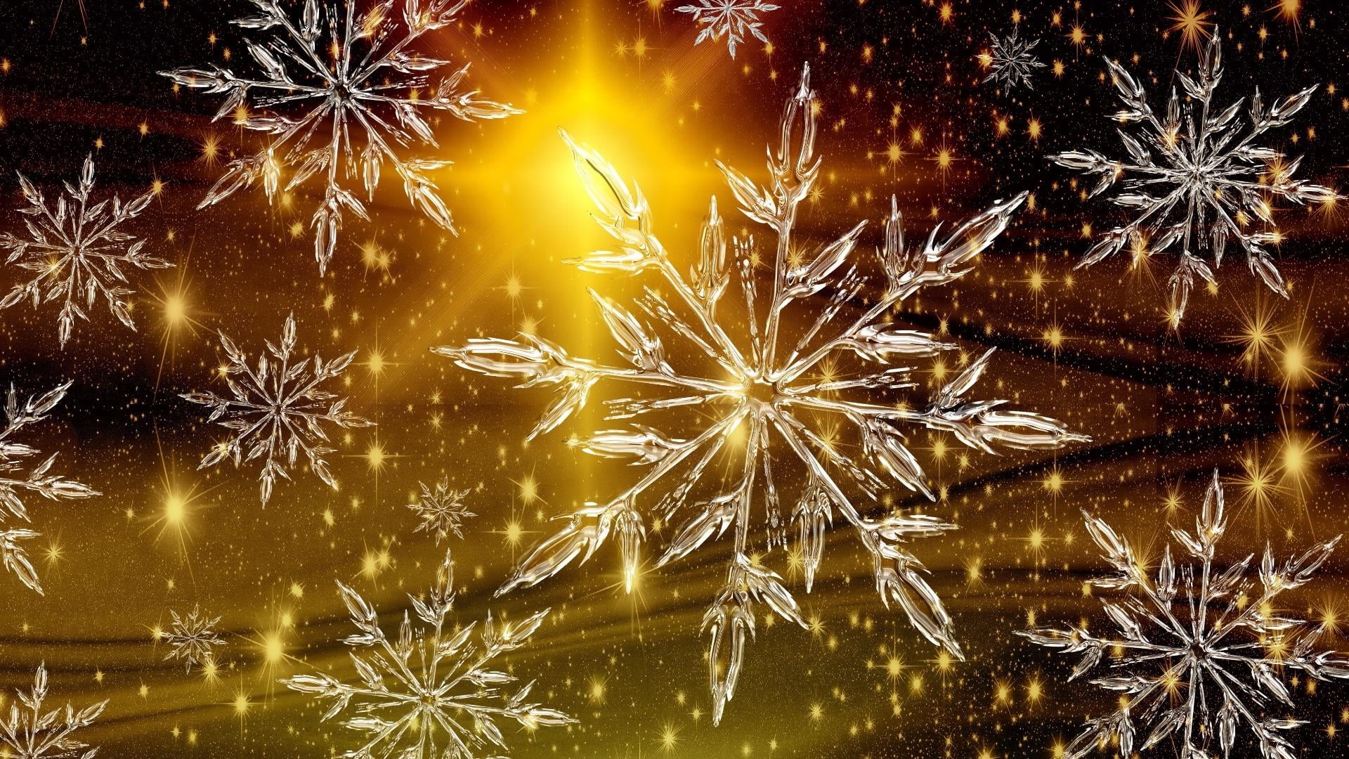 illuminated, snowing, ice crystal, shine, event, christmas, nature, snowflake, holiday - event, abstract, new years eve, night, christmas ornament, gold, HD Wallpaper