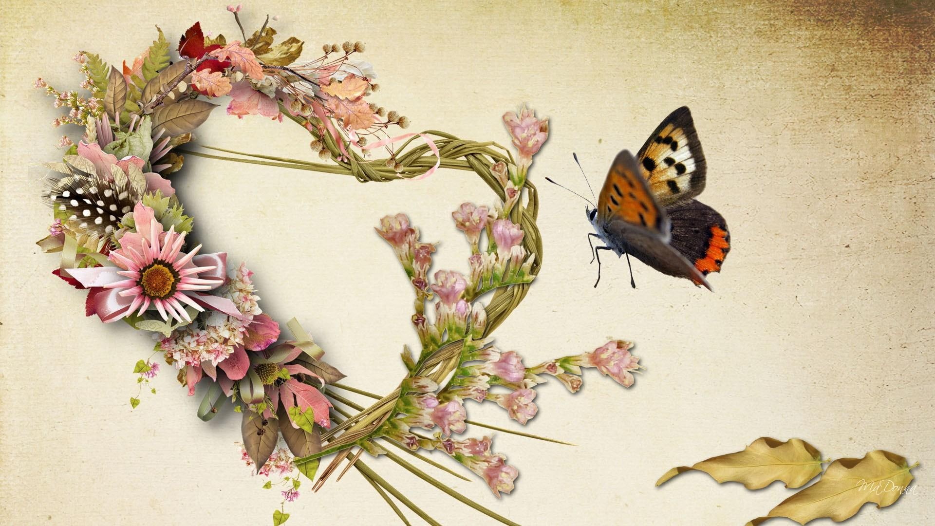 butterfly, leaves, heart, autumn, 3d and abstract, 1080P, flowers, fall, firefox persona, HD Wallpaper