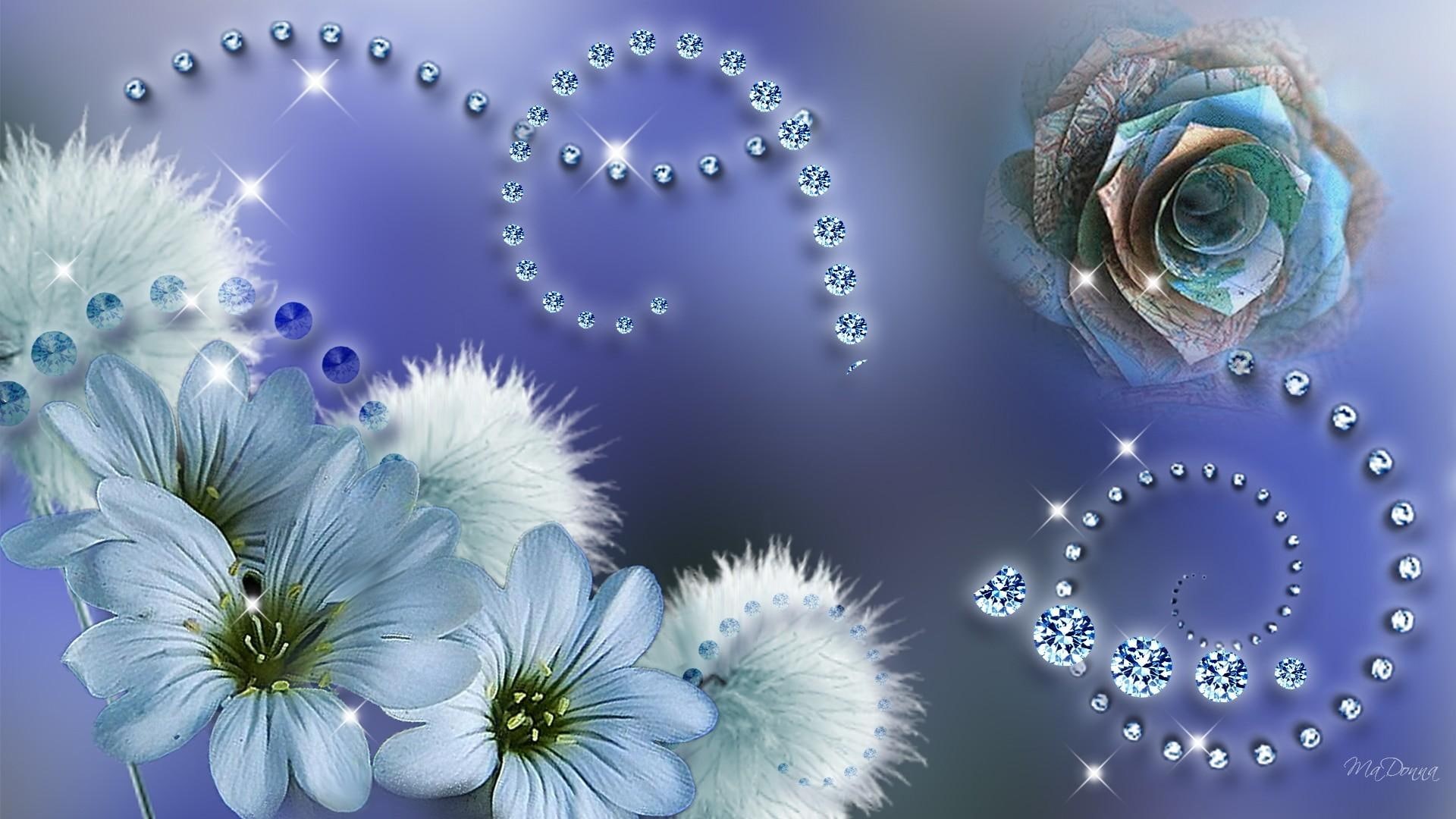 jewel, firefox persona, blue, 1080P, sapphire, flowers, stars, stone, bright, sapphires, 3d and abstract, luster, rose, HD Wallpaper
