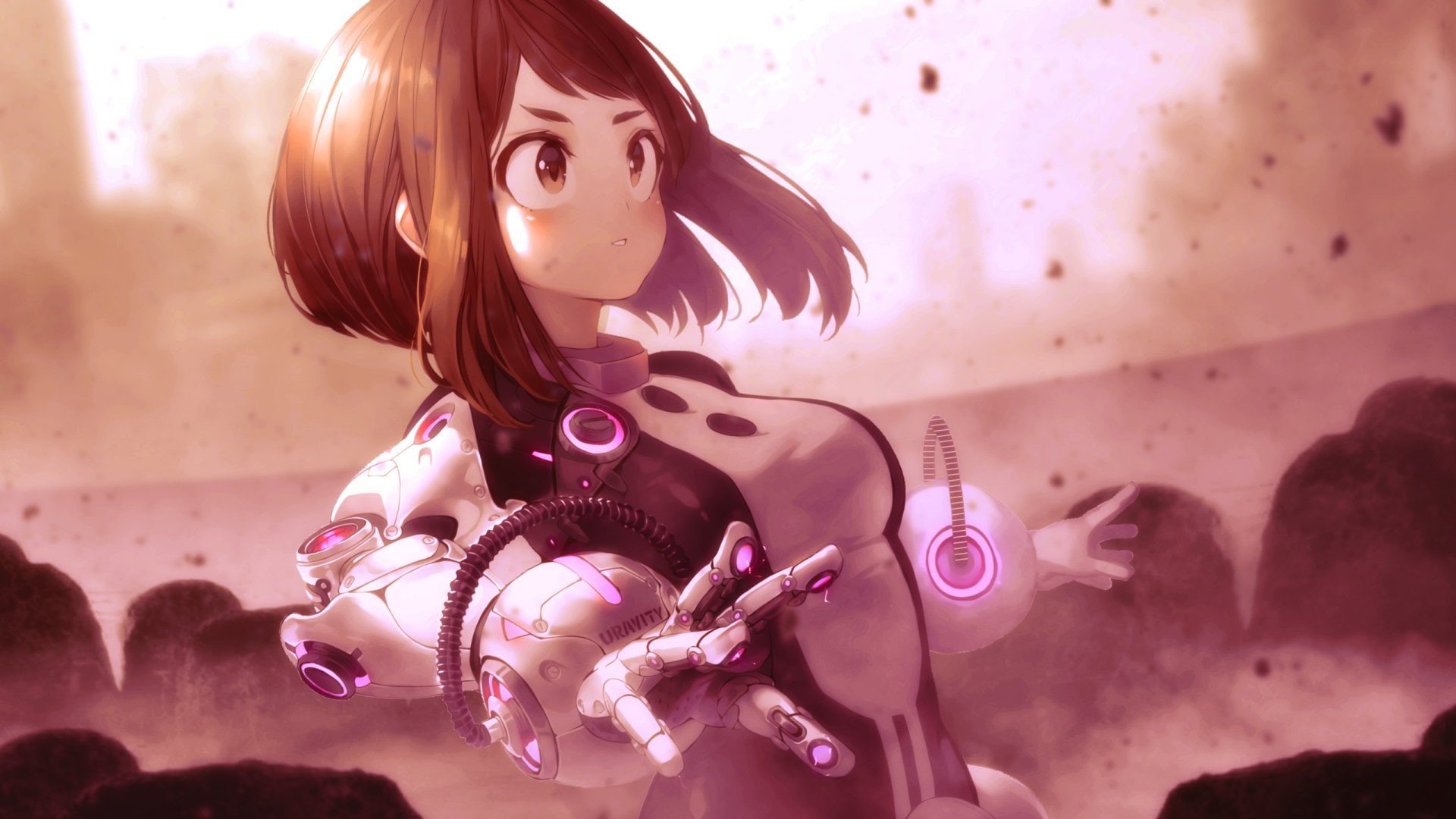 women, indoors, My Hero Academia, young women, Ochaco Uraraka, Anime, one person, waist up, pink color, young adult, adult, brown hair, beautiful woman, HD Wallpaper