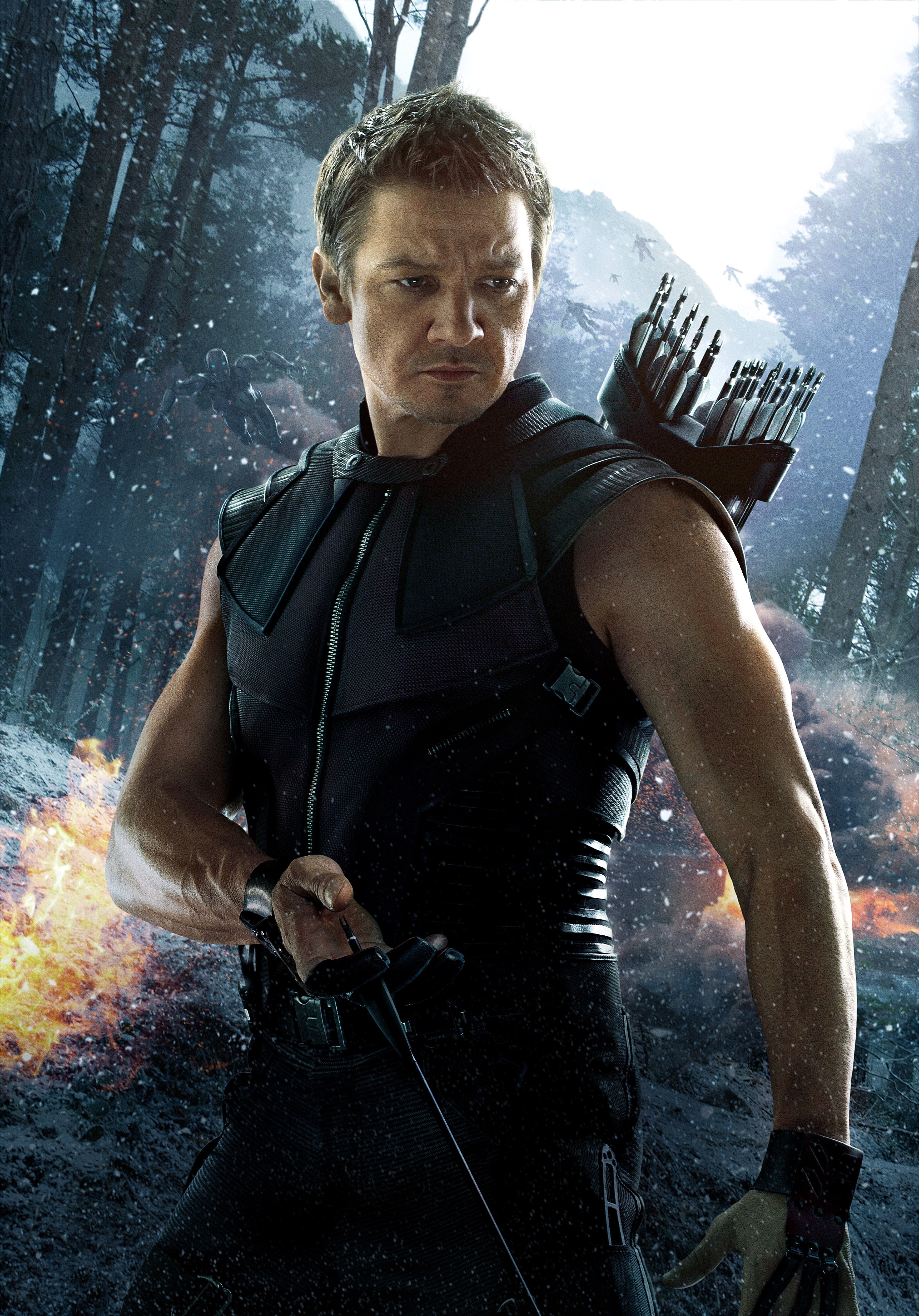 nature, 4K, motion, sport, wet, Hawkeye, men, serious, waist up, young adult, looking at camera, adult, strength, The Avengers, rain, holding, Jeremy Renner, Phone HD Wallpaper