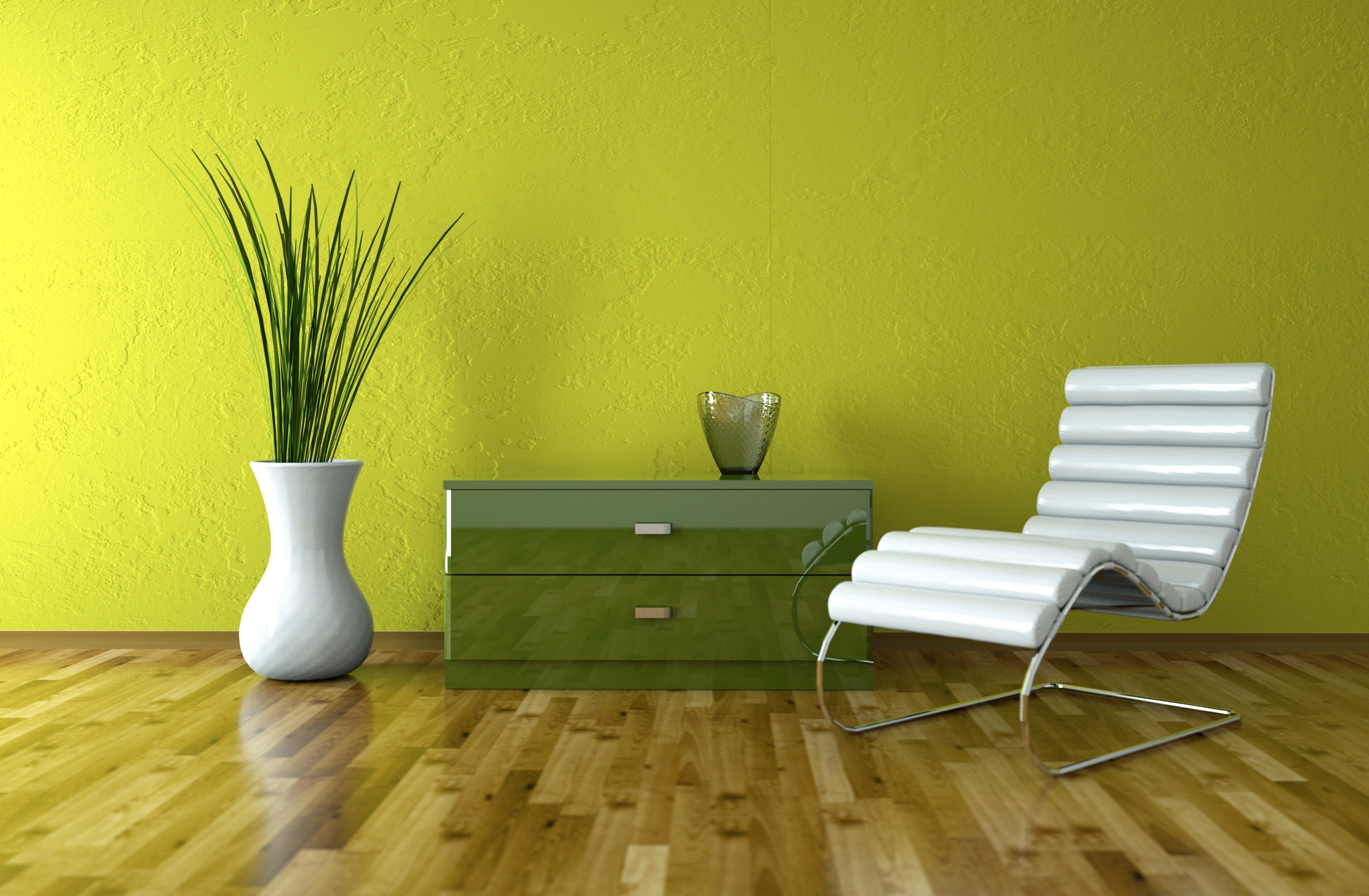 Interior, furniture, wood, floor, hardwood floor, green wall, chair, table, domestic room, 4K, stylish Design, no people, drawer, empty, indoors, white, HD Wallpaper