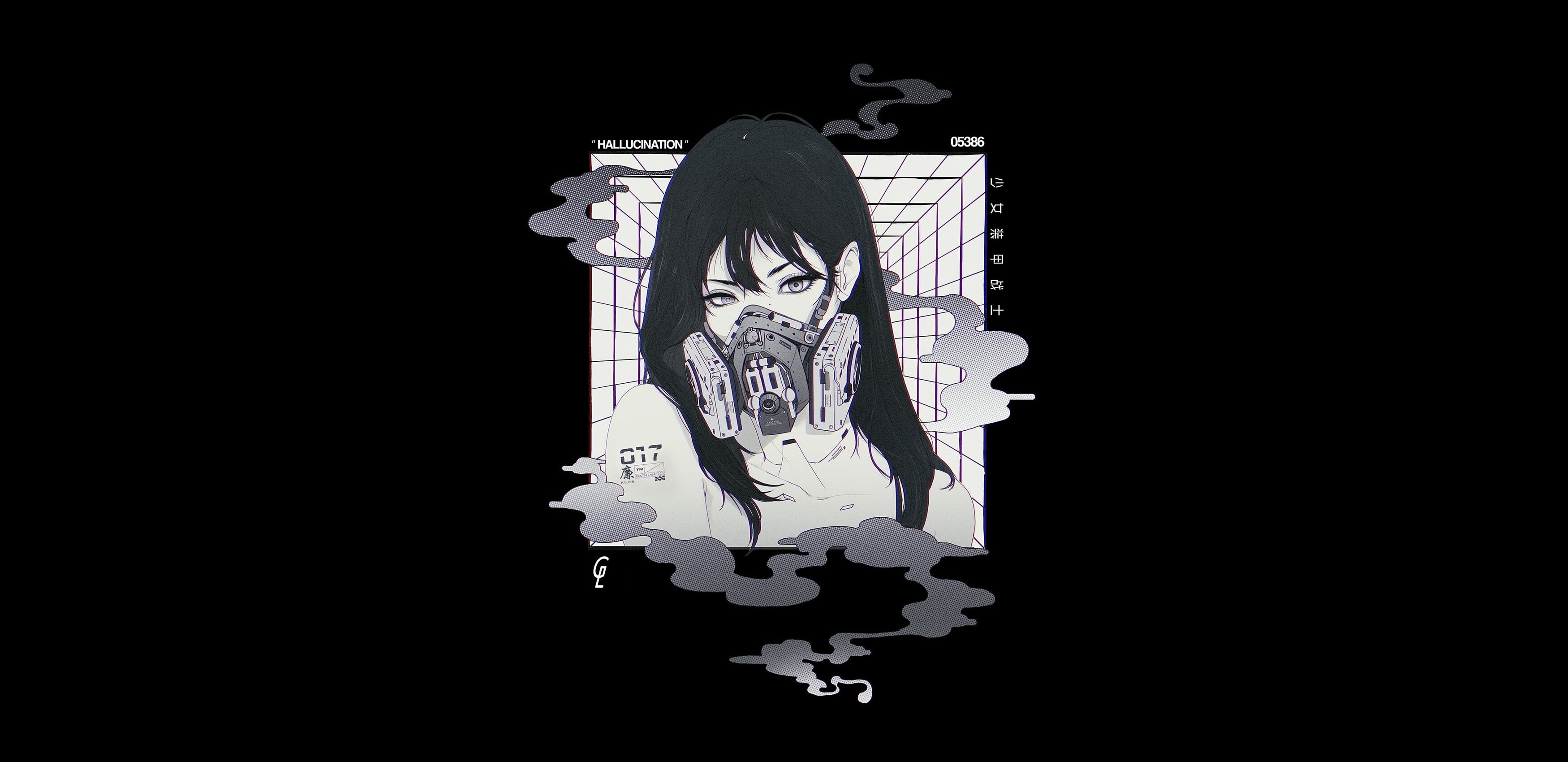 cyberpunk, anime, face, monochrome, 2K, anime girls, mask, HD Wallpaper