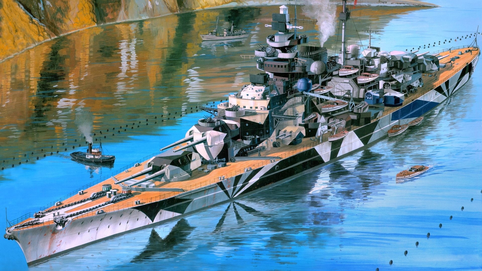 reflection, Warships, Battleship, military, 1080P, German battleship Tirpitz, rippled, nautical vessel, motorboat, mode of transportation, waterfront, HD Wallpaper