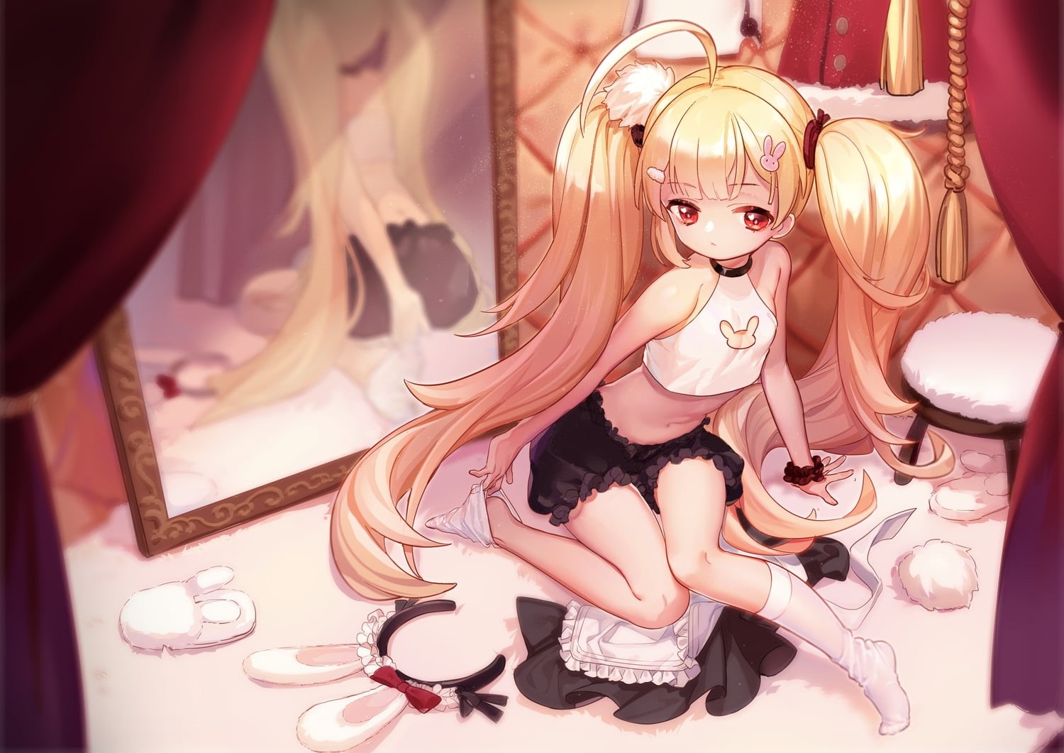 720P, Eldridge (Azur Lane), mirror, knee-highs, bloomers, twintails, loli, long hair, red eyes, Azur Lane, HD Wallpaper