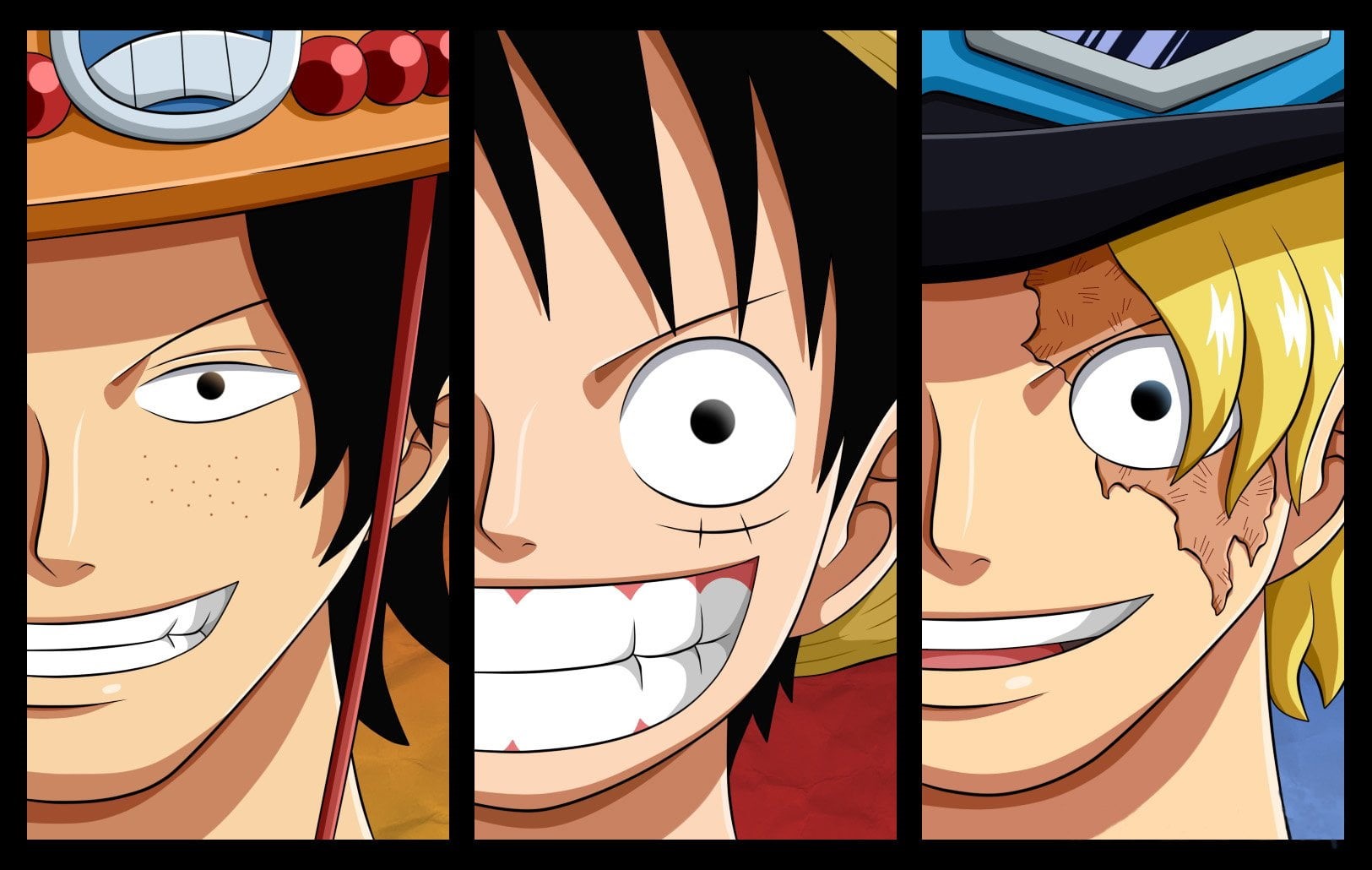 communication, transfer print, multi colored, Portgas D. Ace, music, Sabo , close-up, smiling, One Piece, cartoon, art and craft, paper, representation, HD Wallpaper