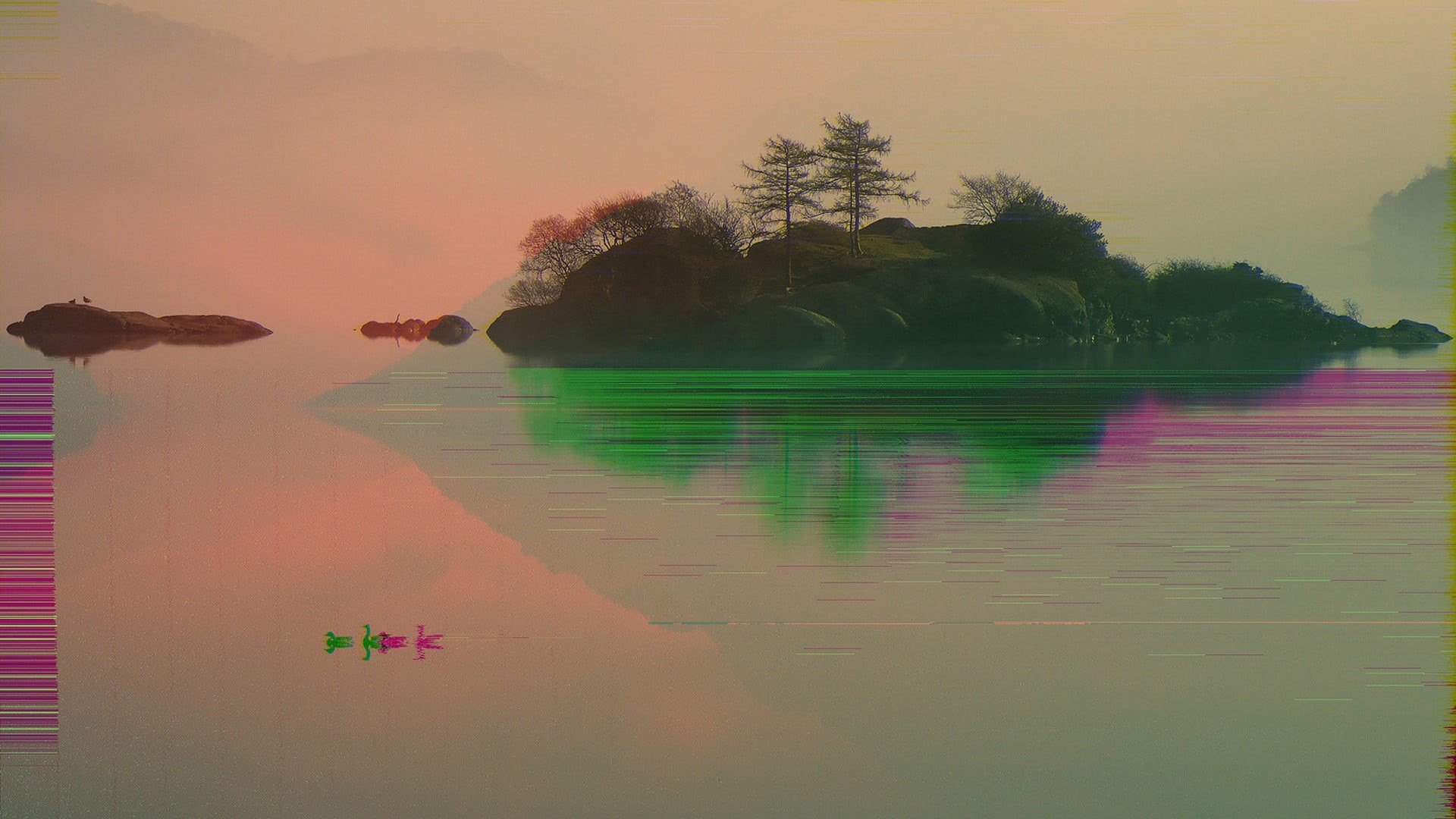 glitch art, beauty in nature, 1080P, swimming pool, growth, scenics - nature, day, lake, sky, green, idyllic, trees, water, sunset, no people, nature, HD Wallpaper