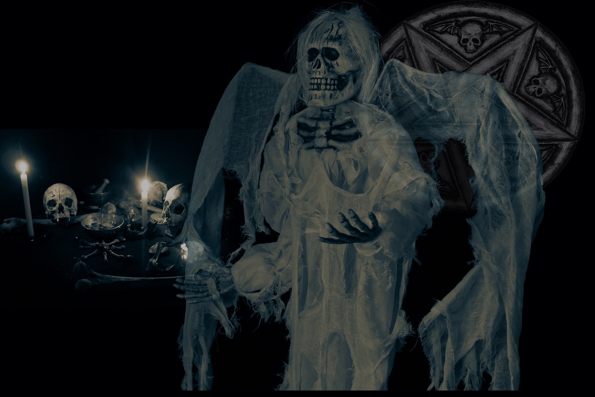 black background, 1080P, male likeness, religion, fear, indoors, art and craft, representation, bone, creativity, skull, no people, human representation, HD Wallpaper