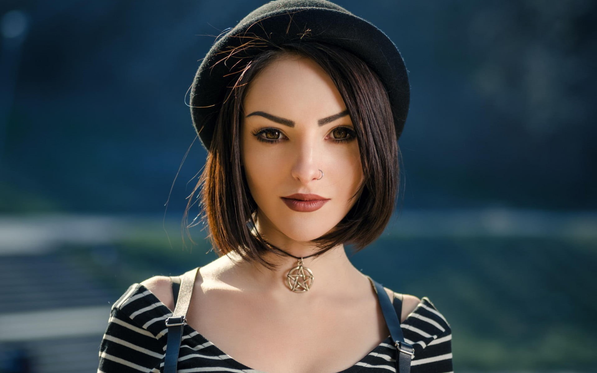 piercing, front view, portrait, young adult, jewelry, fashion, hairstyle, young women, headshot, pentagram, hair, face, focus on foreground, outdoors, brown hair, HD Wallpaper