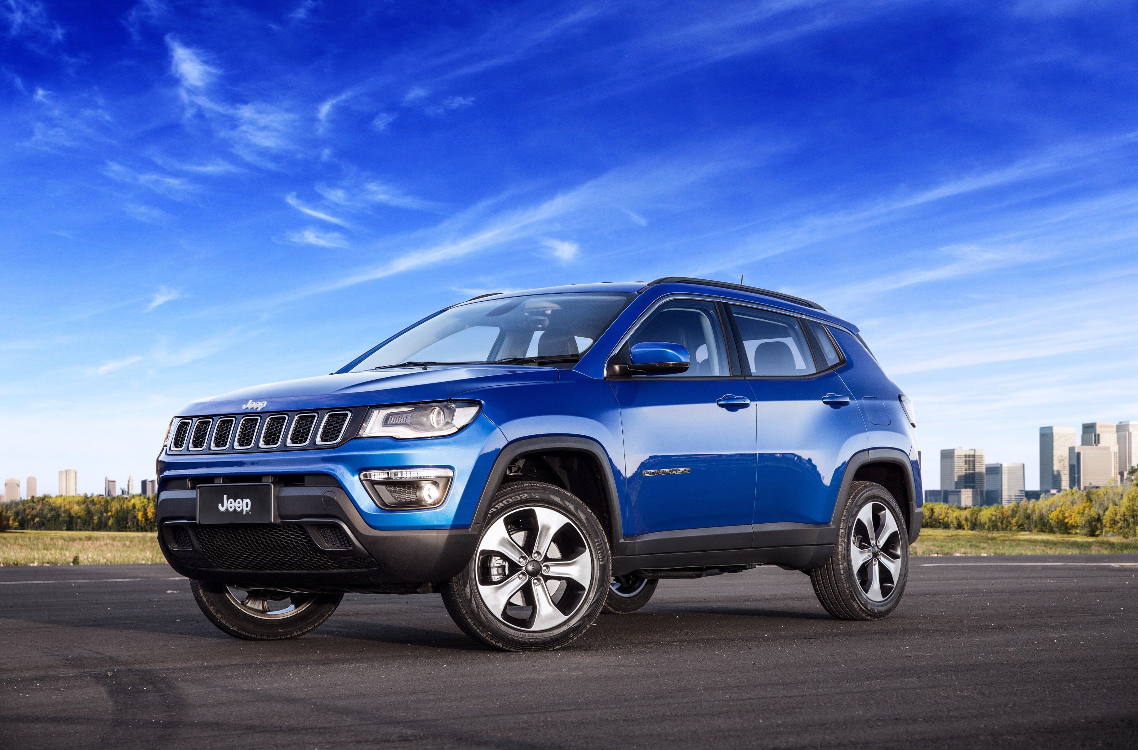 no people, land vehicle, chrome, retro styled, 4K, architecture, day, road, stationary, motor vehicle, outdoors, nature, blue, jeep compass longitude 4k high quality, HD Wallpaper