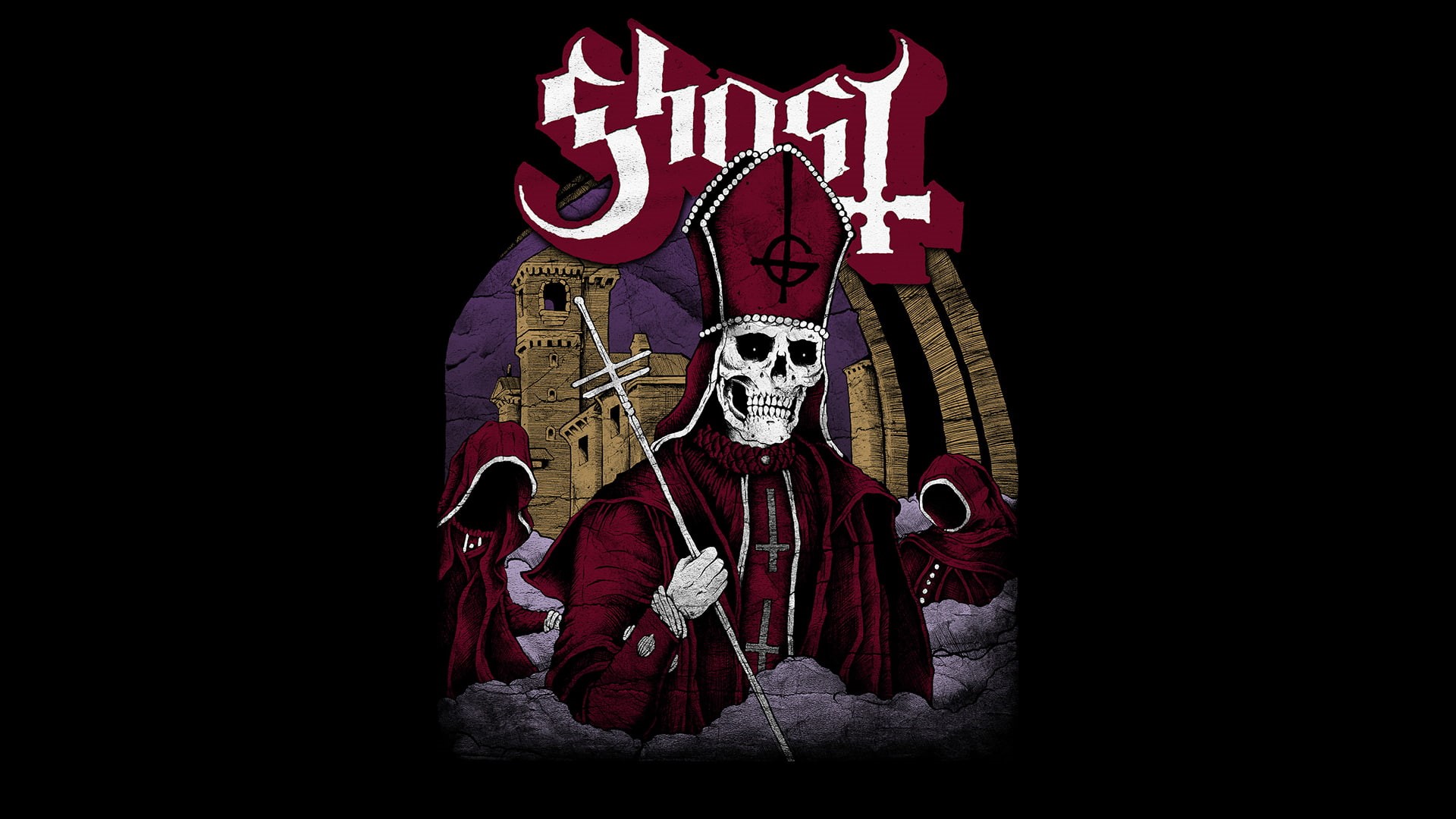 costume, studio shot, Papa Emeritus, indoors, ghost, male likeness, Ghost B.C., black background, night, celebration, traditional clothing, spooky, 1080P, HD Wallpaper