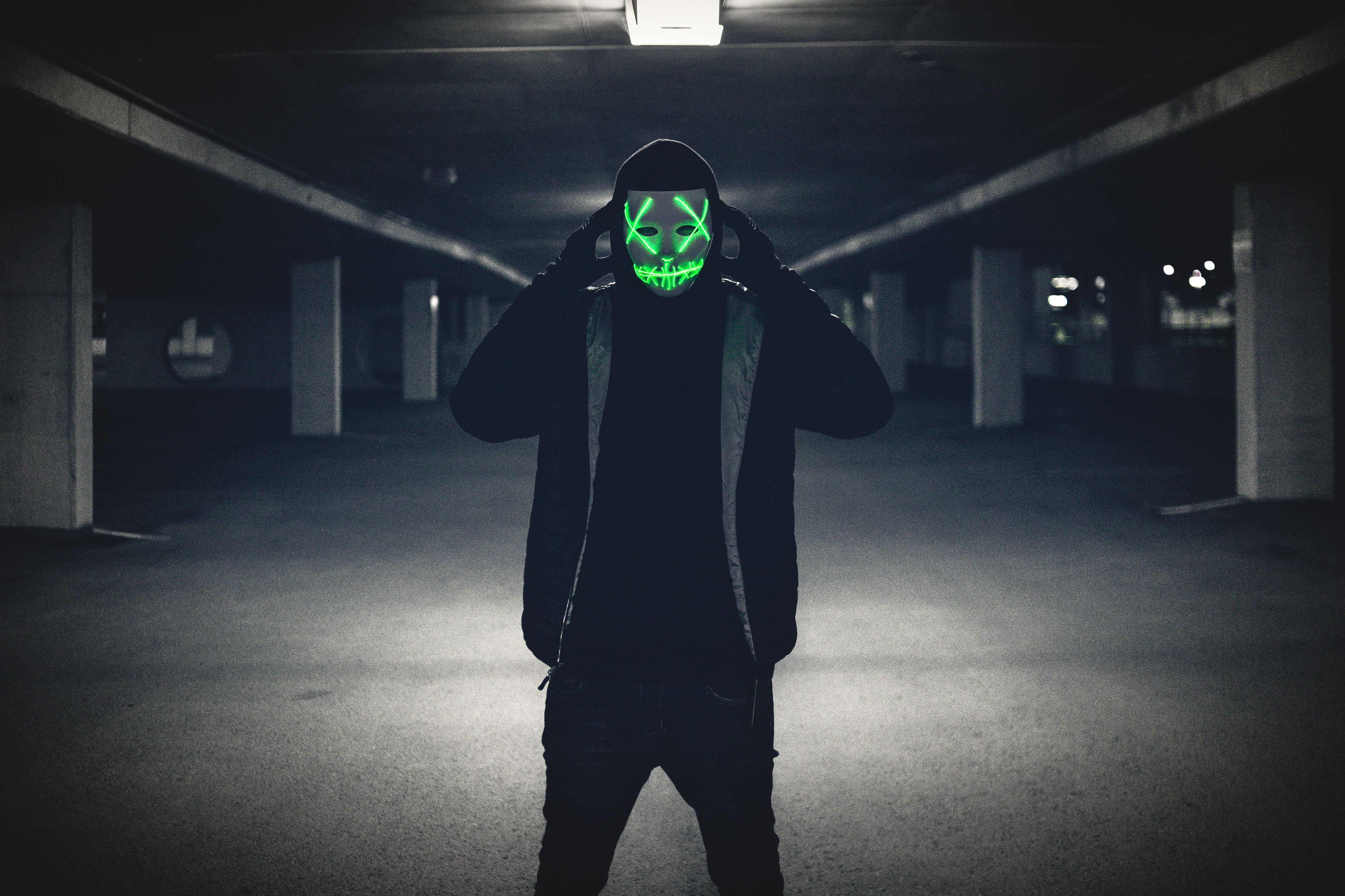 man, 5K, glow, hood, anonymous, mask, HD Wallpaper