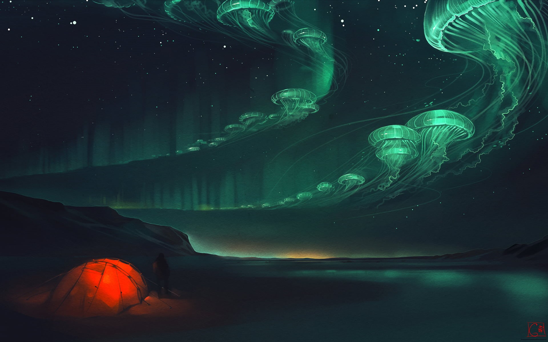 water, computer Graphic, mountains, pattern, swirl, borialis, shape, scenics - nature, orange, illustration, abstract, space, science, sky, camping, long exposure, HD Wallpaper
