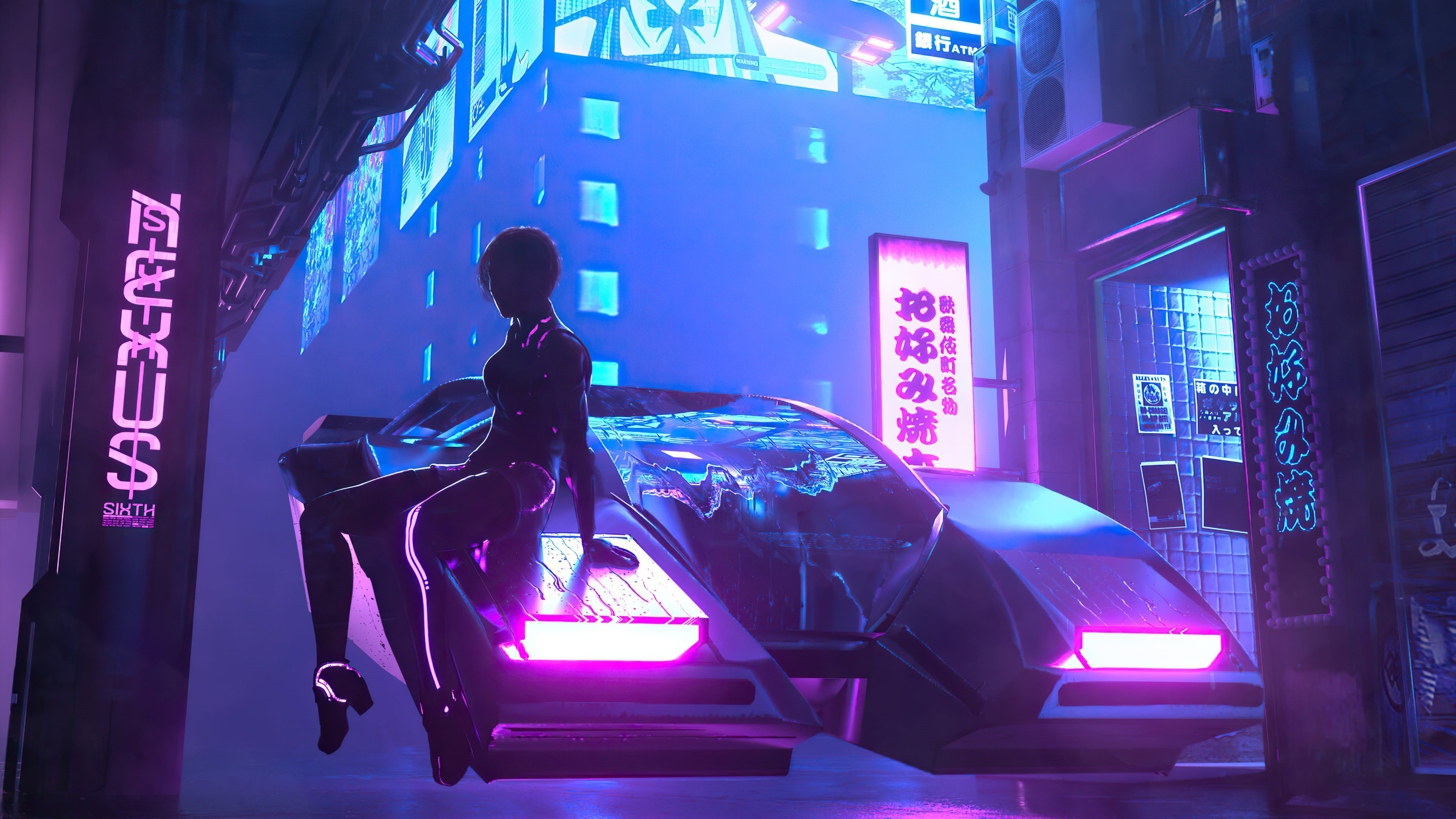4K, neon glow, cyberpunk, science fiction, purple, night, pink, neon, HD Wallpaper