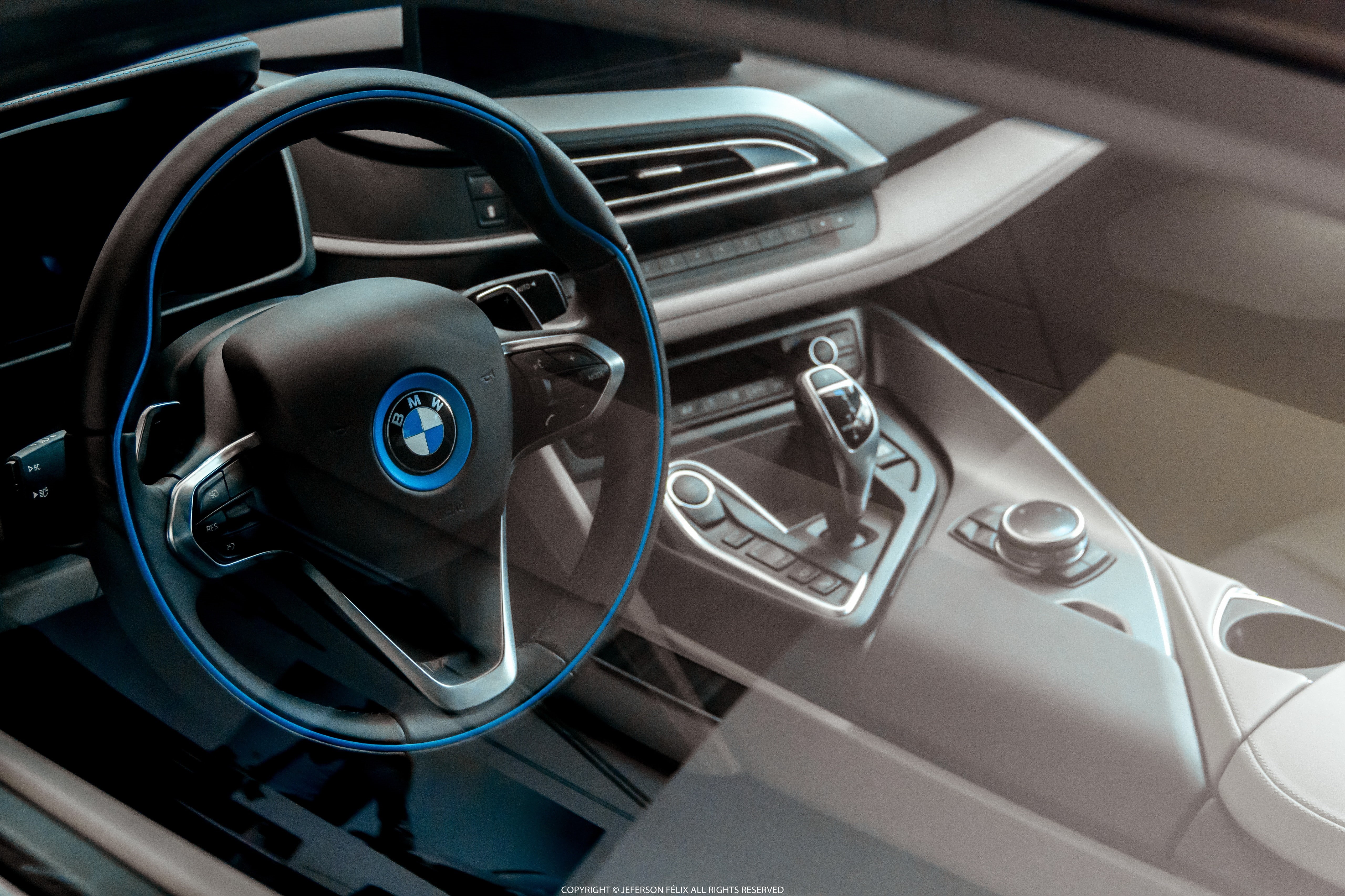 steering wheel, modern, indoors, metal, car interior, motor vehicle, no people, 5K, design, BMW i8, mode of transportation, close-up, vehicle interior, HD Wallpaper