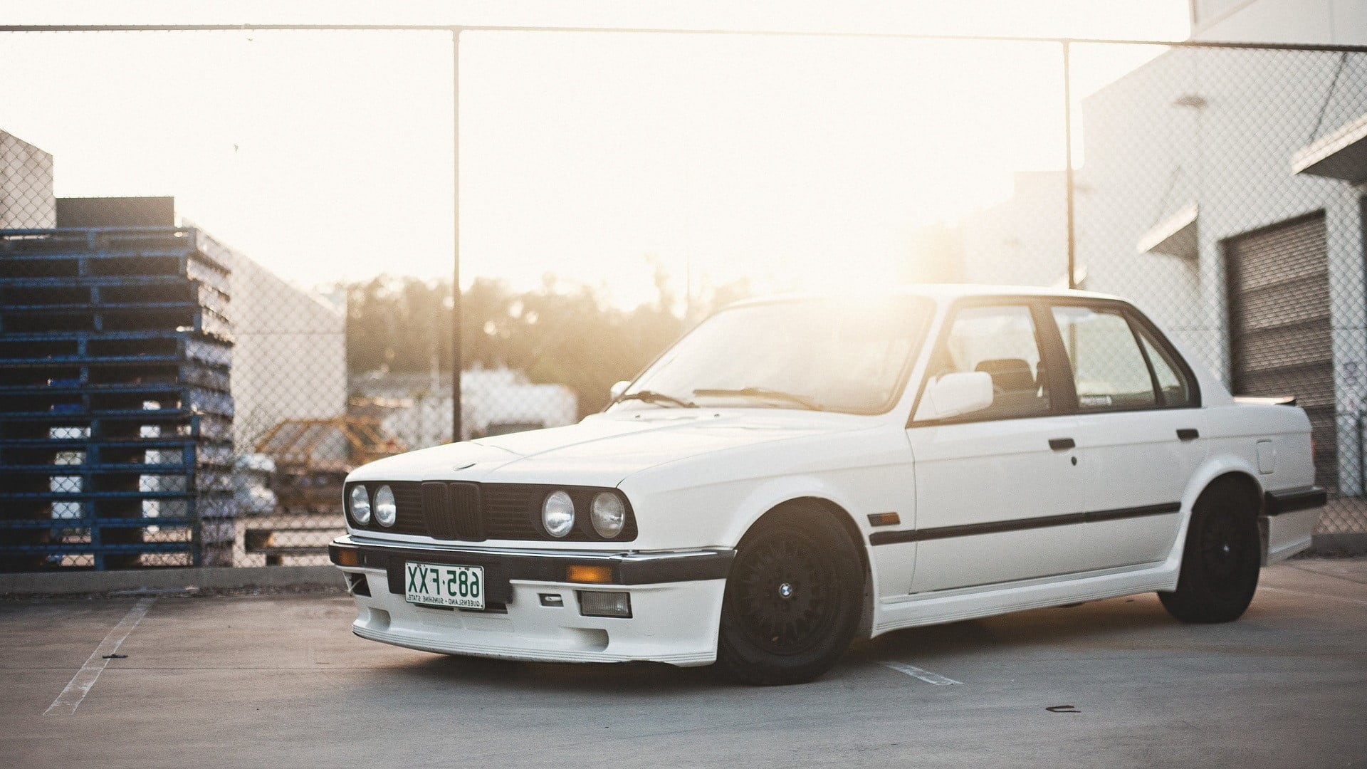 day, sunlight, street, Stance, outdoors, car, building exterior, bmw, built structure, architecture, mode of transportation, motion, white, land vehicle, HD Wallpaper
