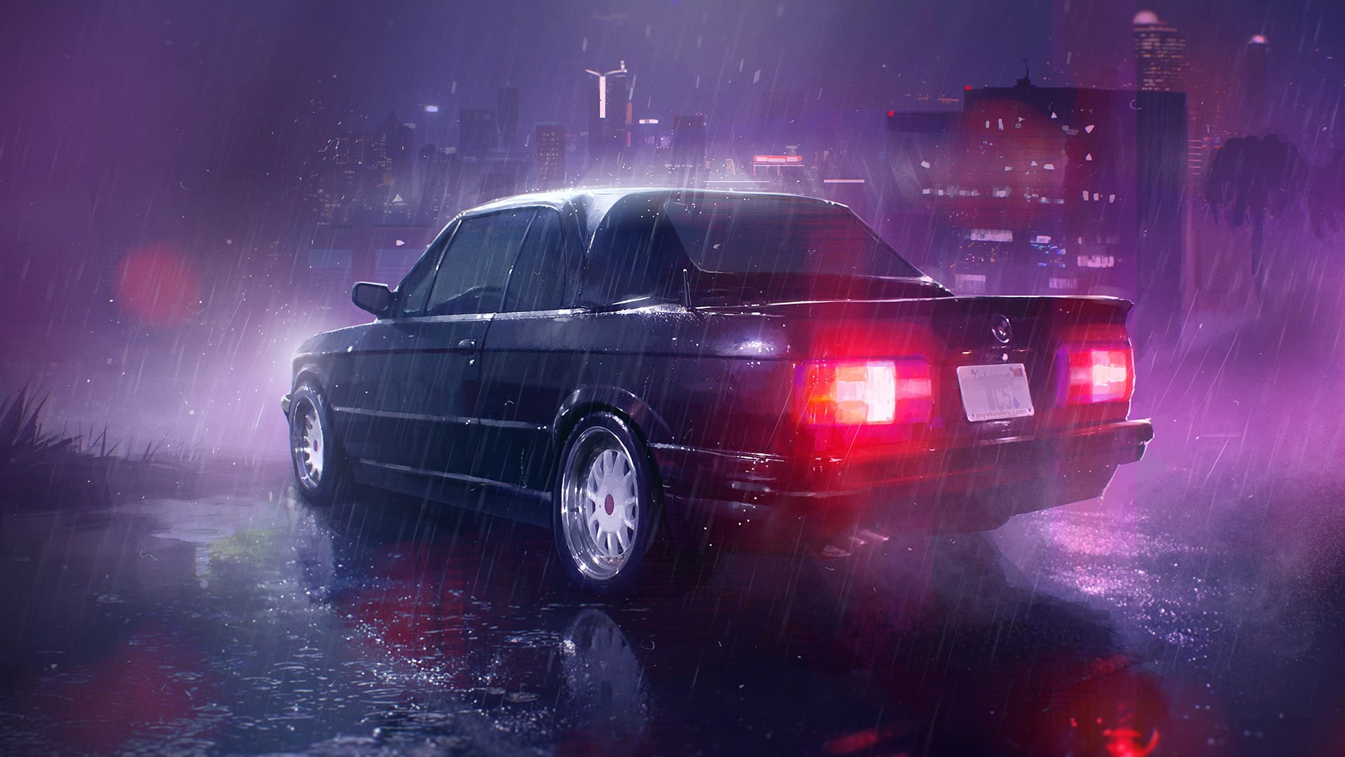 neon, BMW E30, digital art, 1080P, car, HD Wallpaper