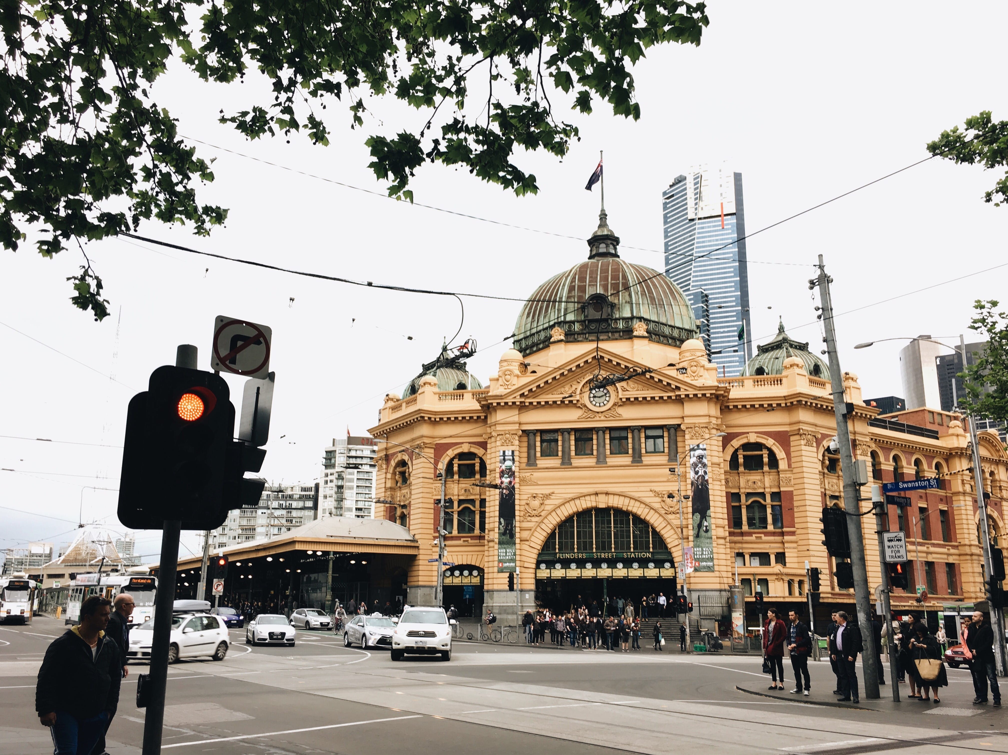road, car, built structure, street, train station, tree, outdoors, light, stoplight, sky, city, day, transportation, streetscape, travel, flinders street railway station, HD Wallpaper