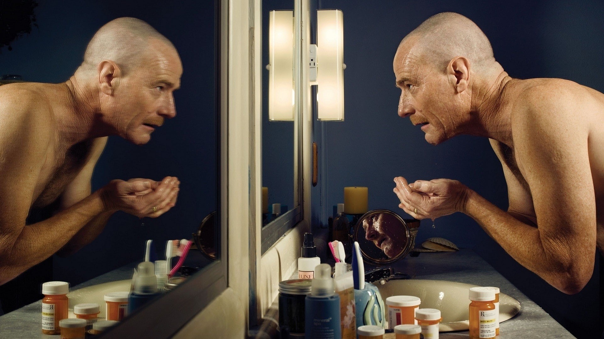 Walter White, mirror, indoors, lifestyles, Breaking Bad, exercising, food and drink, human muscle, side view, Bryan Cranston, actor, people, Heisenberg, HD Wallpaper
