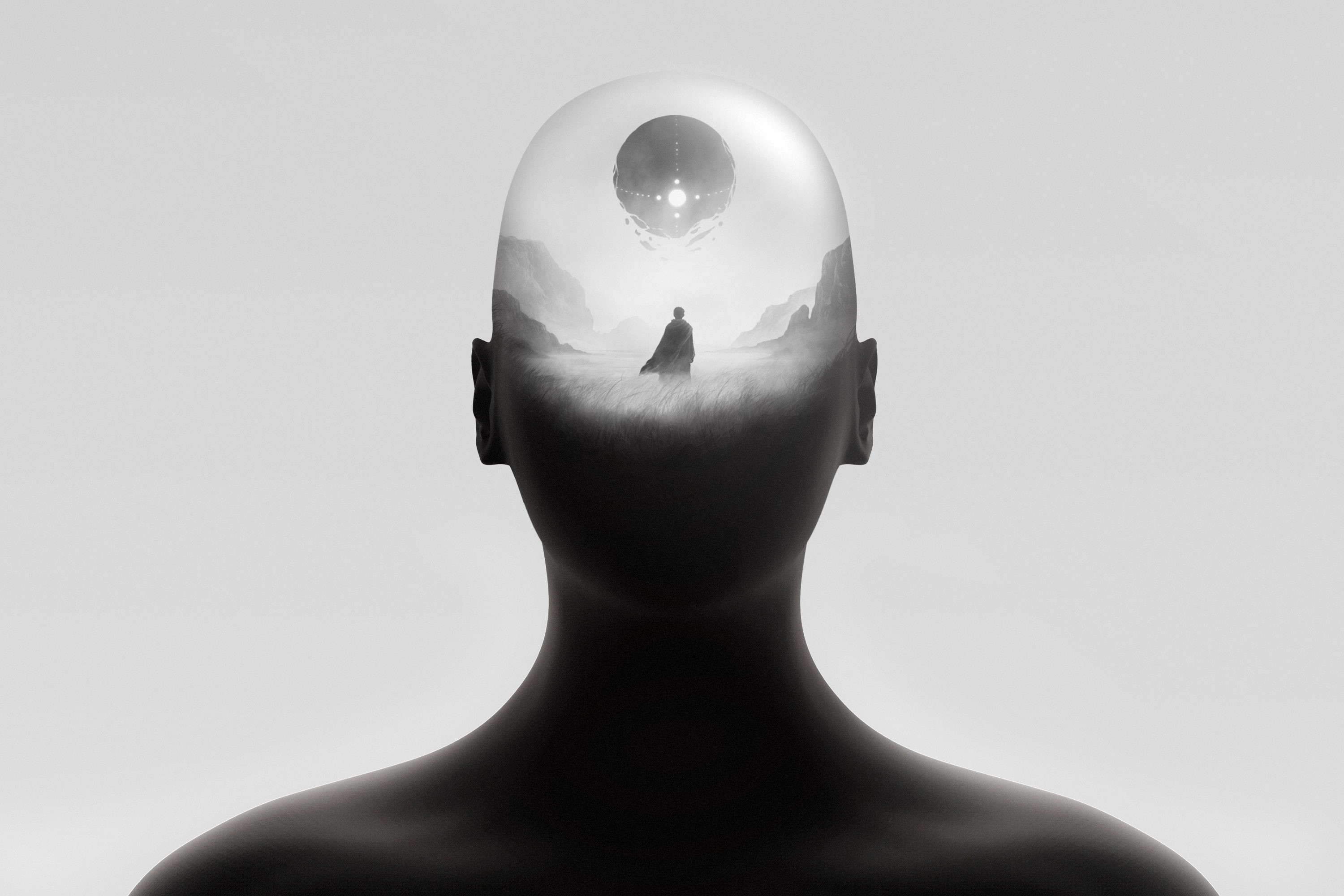 shirtless, shaved head, Dream, Silhouette, copy space, human face, Monochrome, 2K, indoors, human head, men, mannequin, portrait, close-up, one person, HD Wallpaper