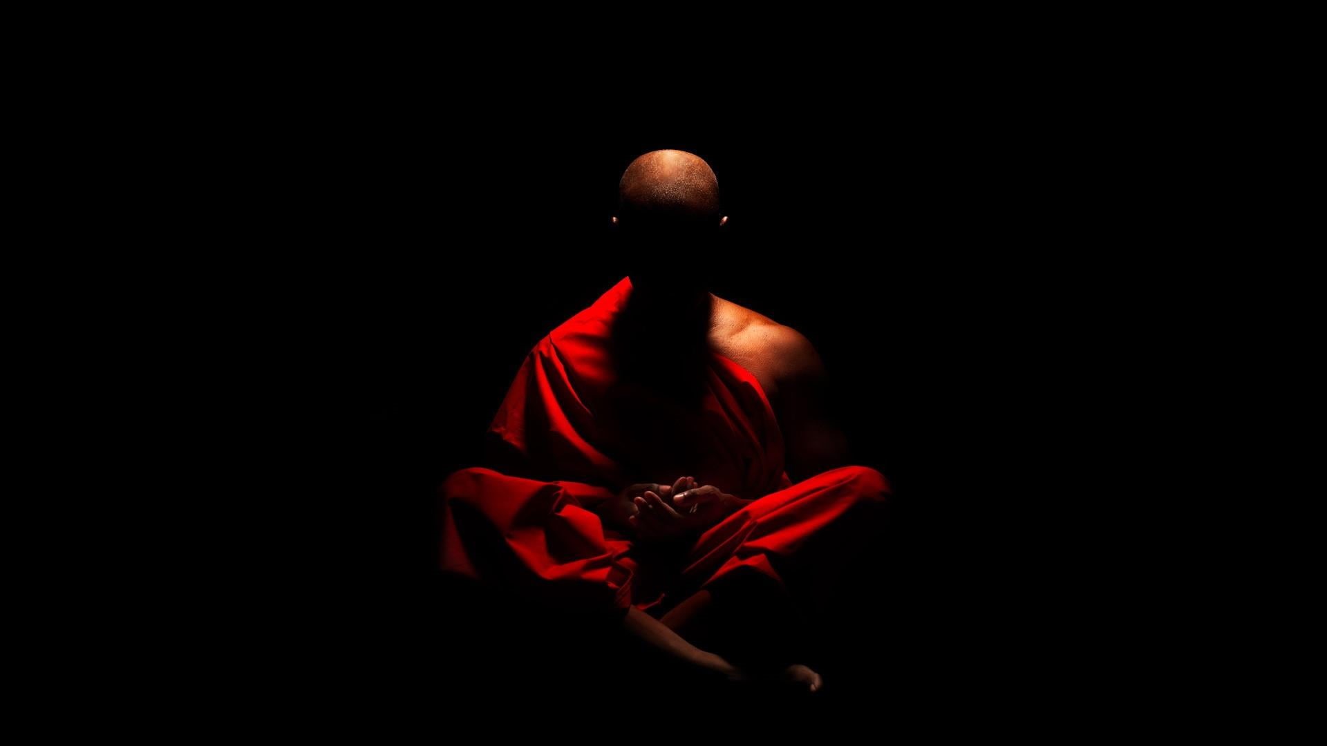 life, dark, solitude, men, young adult, full length, red, shaved head, strength, buddhism, one person, indoors, 1080P, black background, copy space, mystery, HD Wallpaper