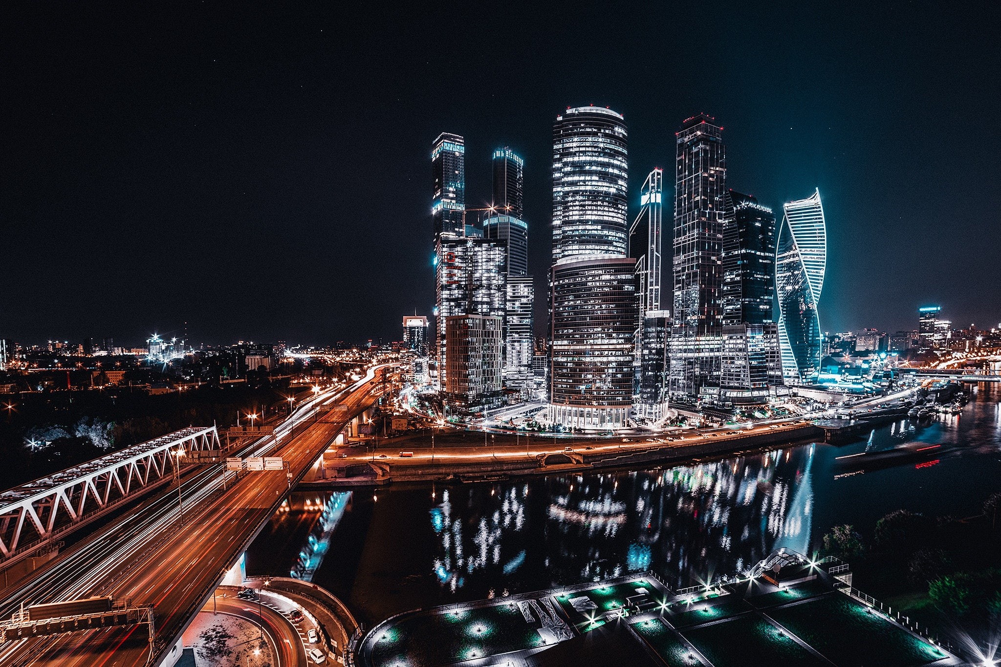 1080P, skyline, skyscraper, cityscape, night, Moscow, city lights, HD Wallpaper