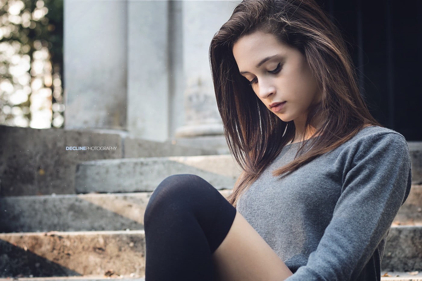 lifestyles, hairstyle, beautiful woman, top, neck, one person, s, pale, crew, hair, grey sweater, looking, knee-highs, eyeliner, long, sitting, 720P, three quarter length, HD Wallpaper